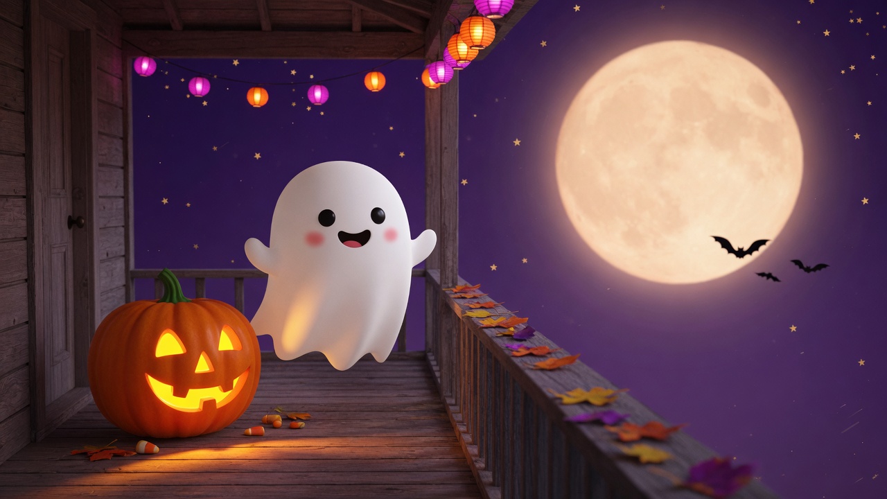 Cute ghost and jack o lantern on a Halloween porch