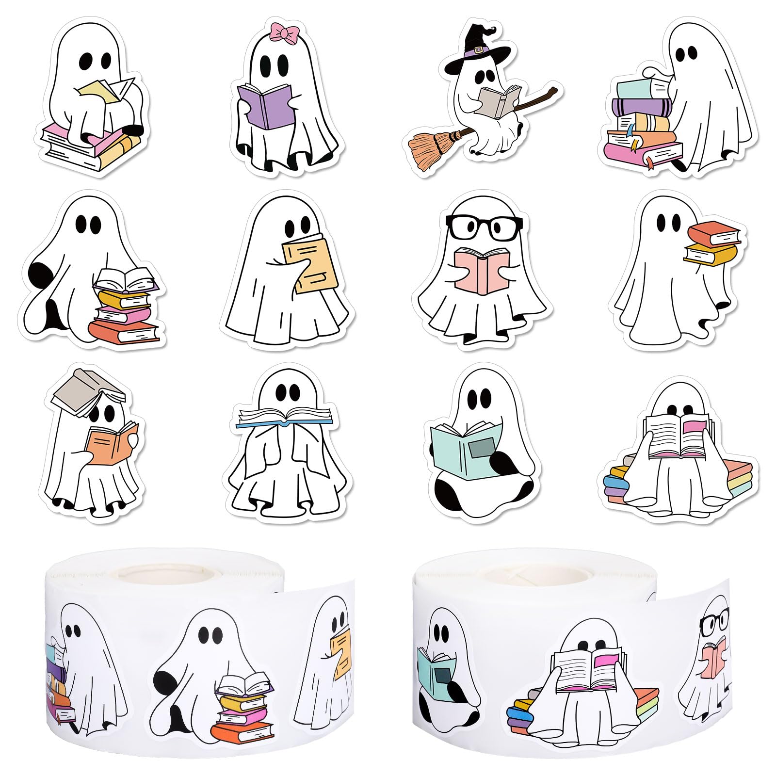 Whaline 1000 Pcs Halloween Ghost Stickers Cute Ghost Reading Book Self-Adhesive Sticker Decals for Halloween Birthday Party Scrapbook Envelope Decor Supplies, 2 Rolls