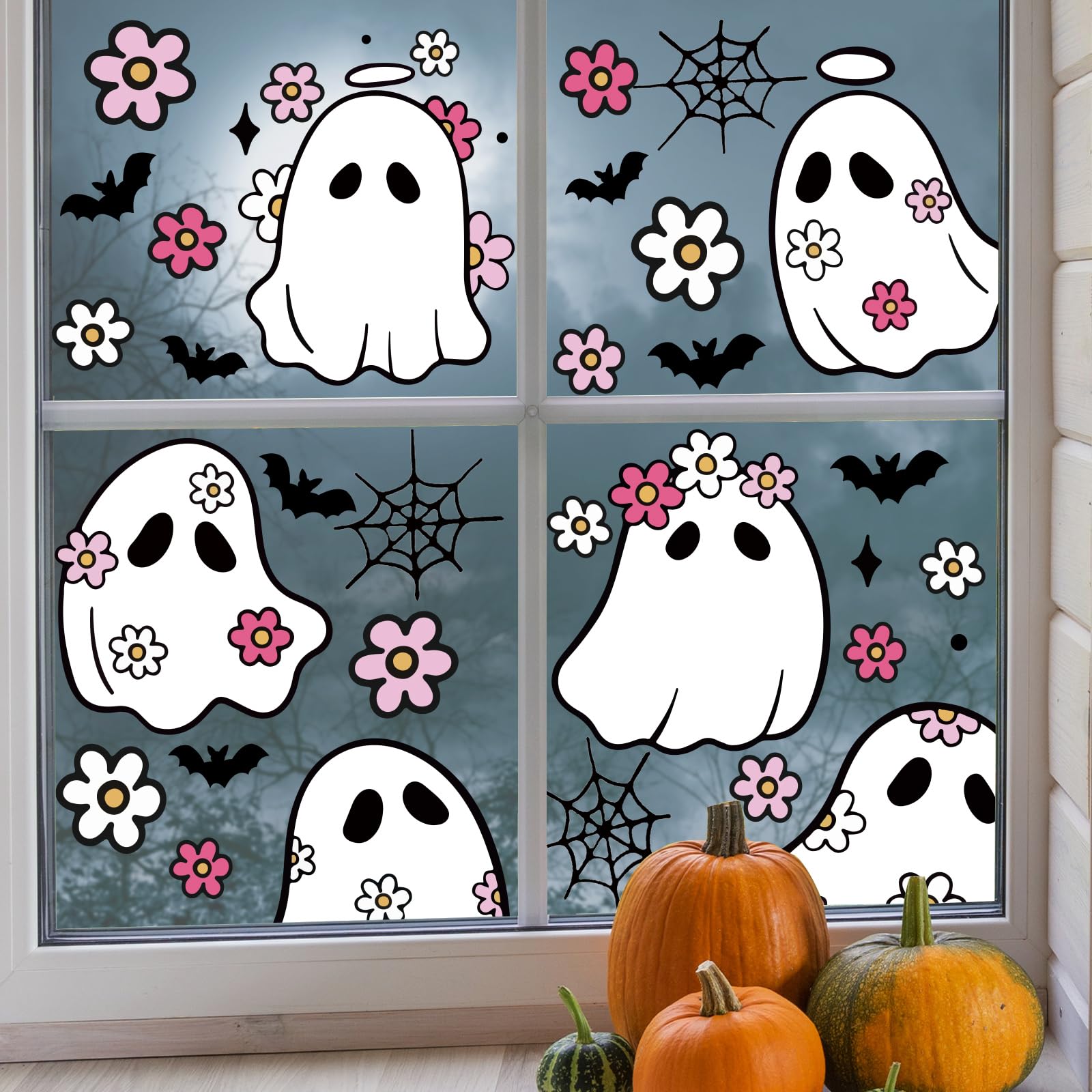 JarThenaAMCS 9 Sheet Halloween Window Clings, Floral Ghost