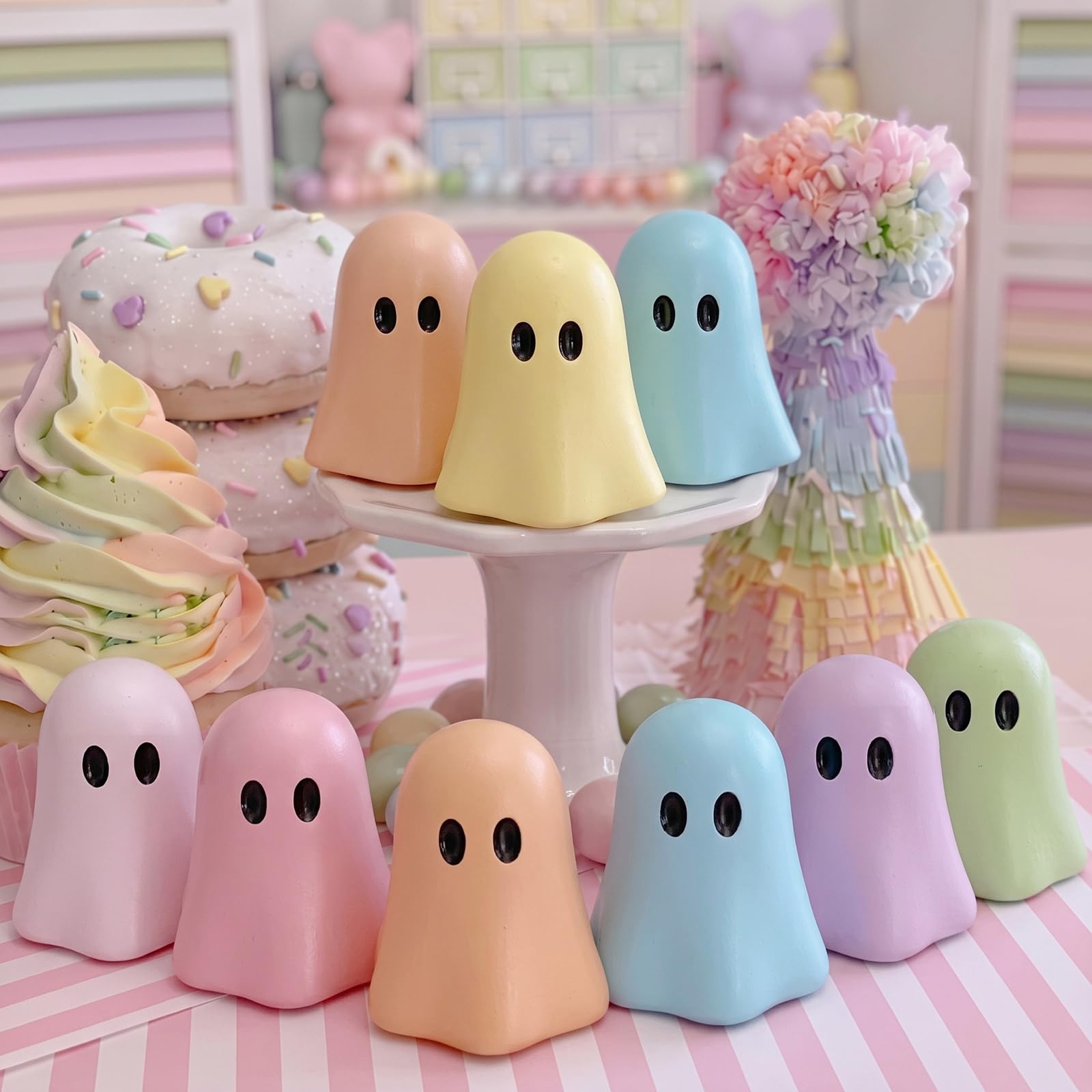 Amyhill 9 Pcs Cute Pastel Ghost Figurine Mini Halloween Pink Ghost Decor