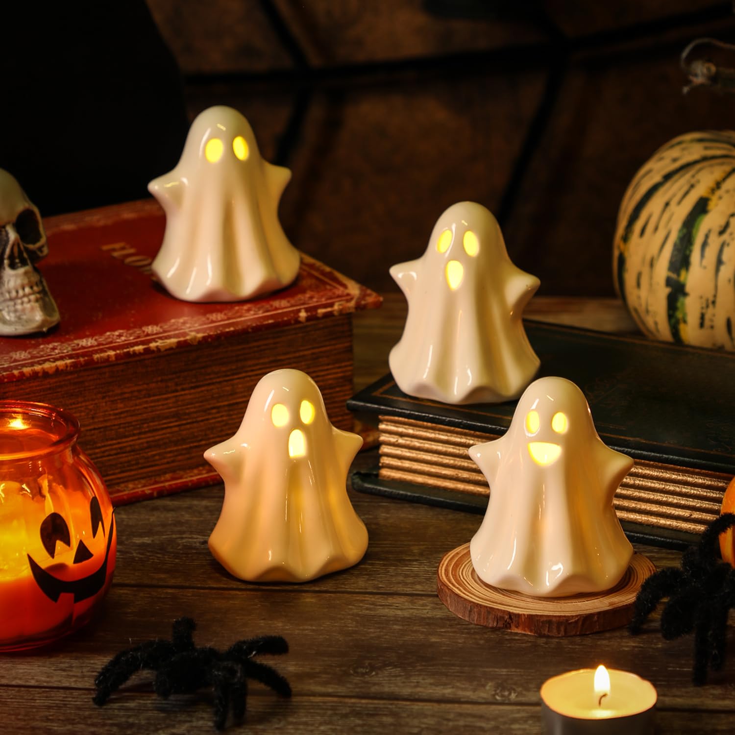 KORMMCO 4PCS Ceramic Ghost Light Up Decor, Ghost Halloween Decor