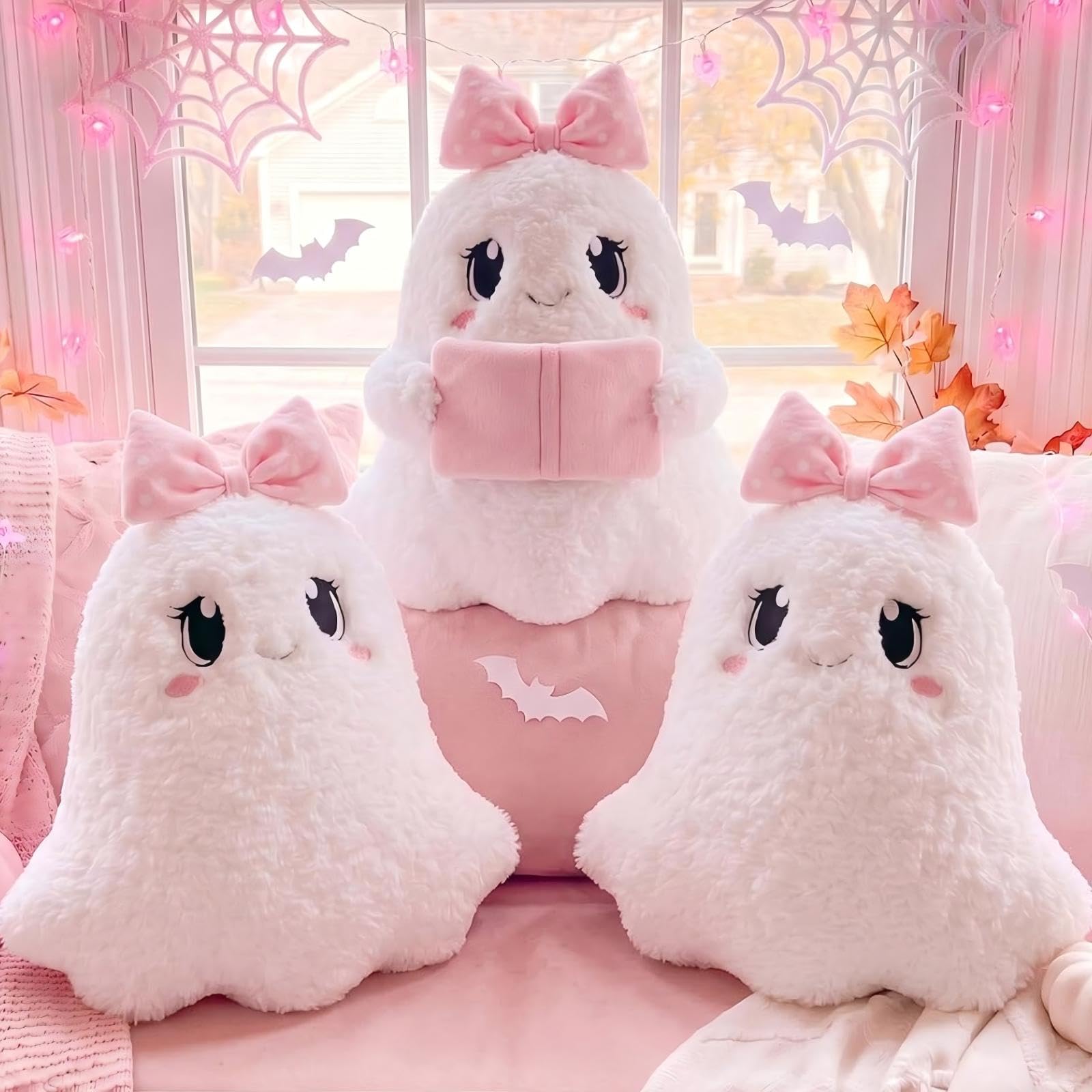 Yookeer Pink Halloween Ghost Throw Pillows Cute Pink Bow Ghost Plush