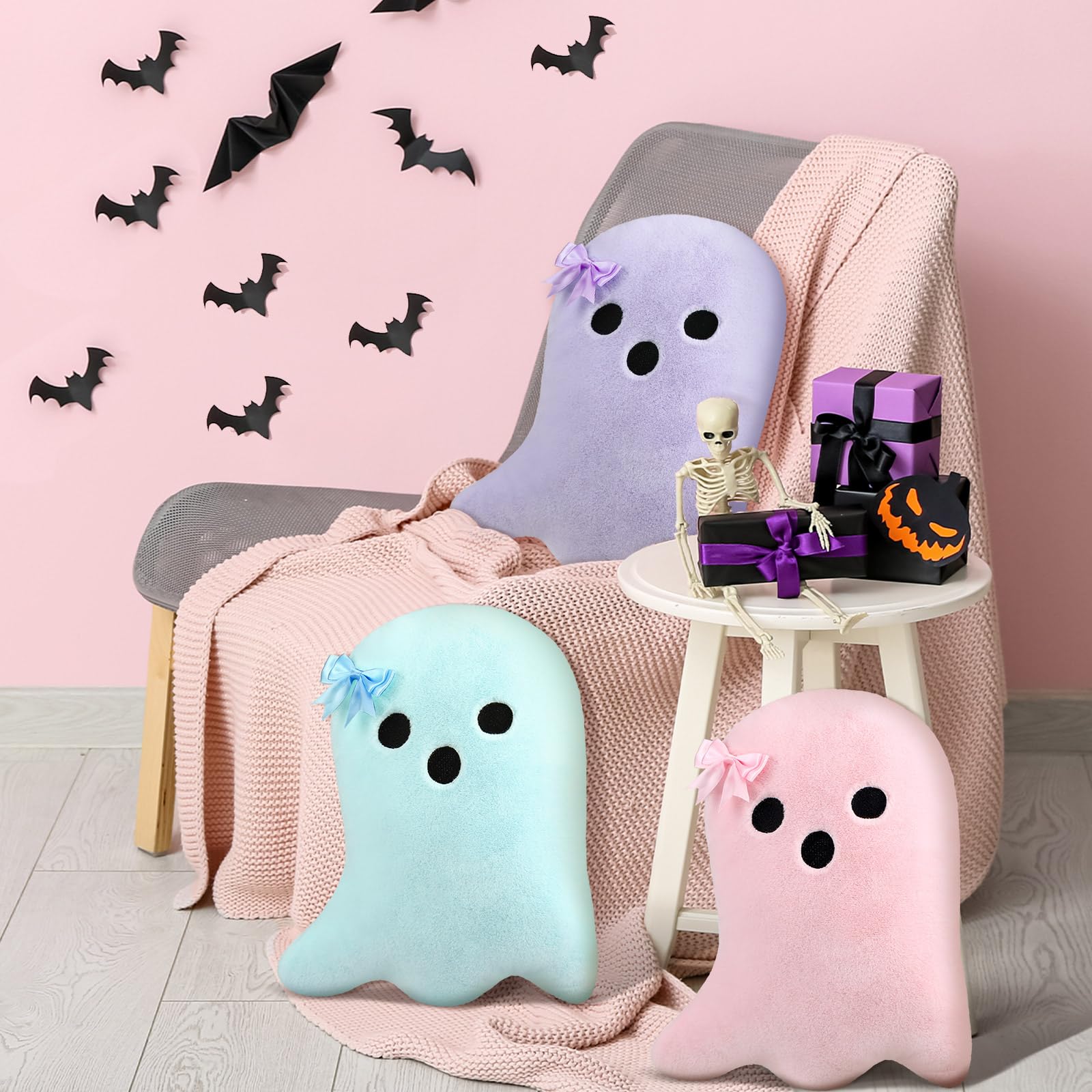 Amyhill 3 Pcs Pink Halloween Decor Cute Pastel Ghost Throw Pillows with Bow