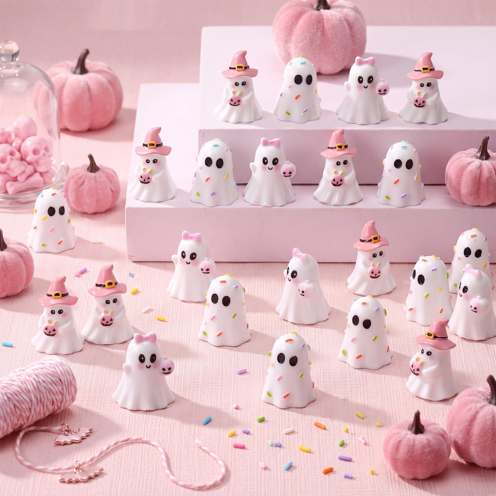 Beeveer 50 Pcs Halloween Mini Ghost Figurines Resin Pink Miniature Figures