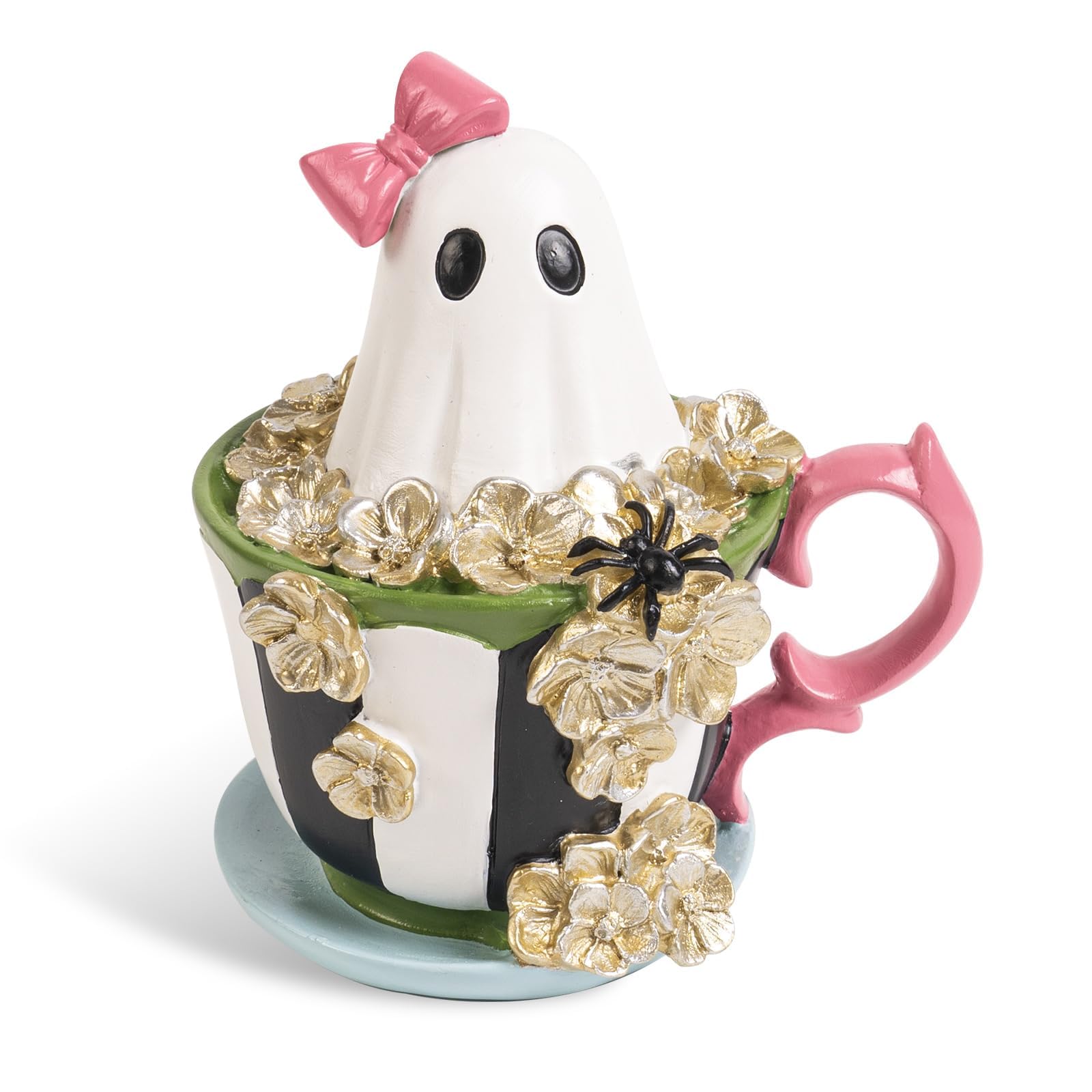 Ghost Figurine in Coffee Cup, 5.5" Resin Halloween Decor with Bow