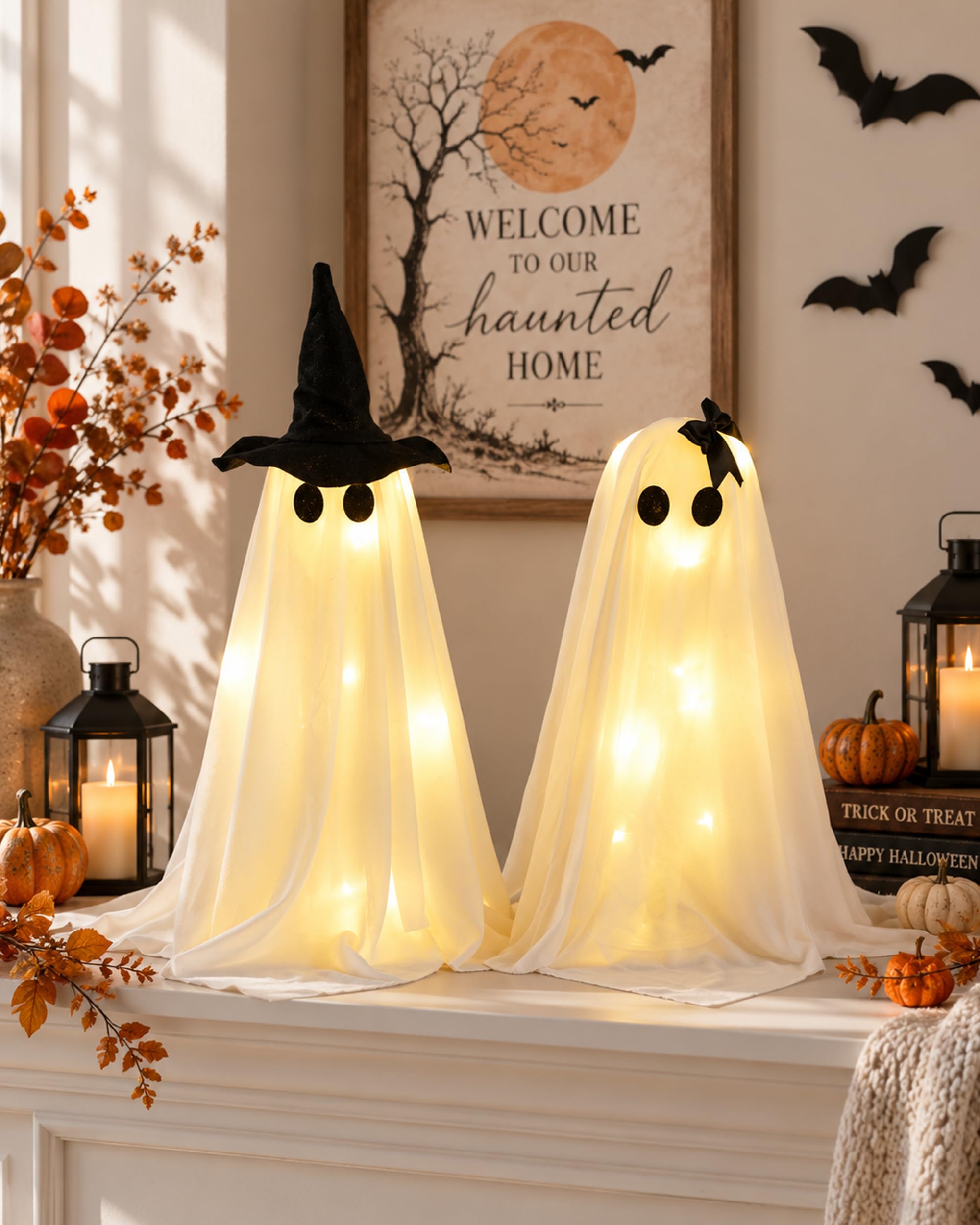 2-Pack Halloween Light Up Ghost Decor, 21.6'' & 16'' Adjustable Spooky Boy & Girl Ghosts, Cute Ghost Decorations & Witch Fusion Design for Mantel, Table, Fireplace, Party & Indoor Home Decor