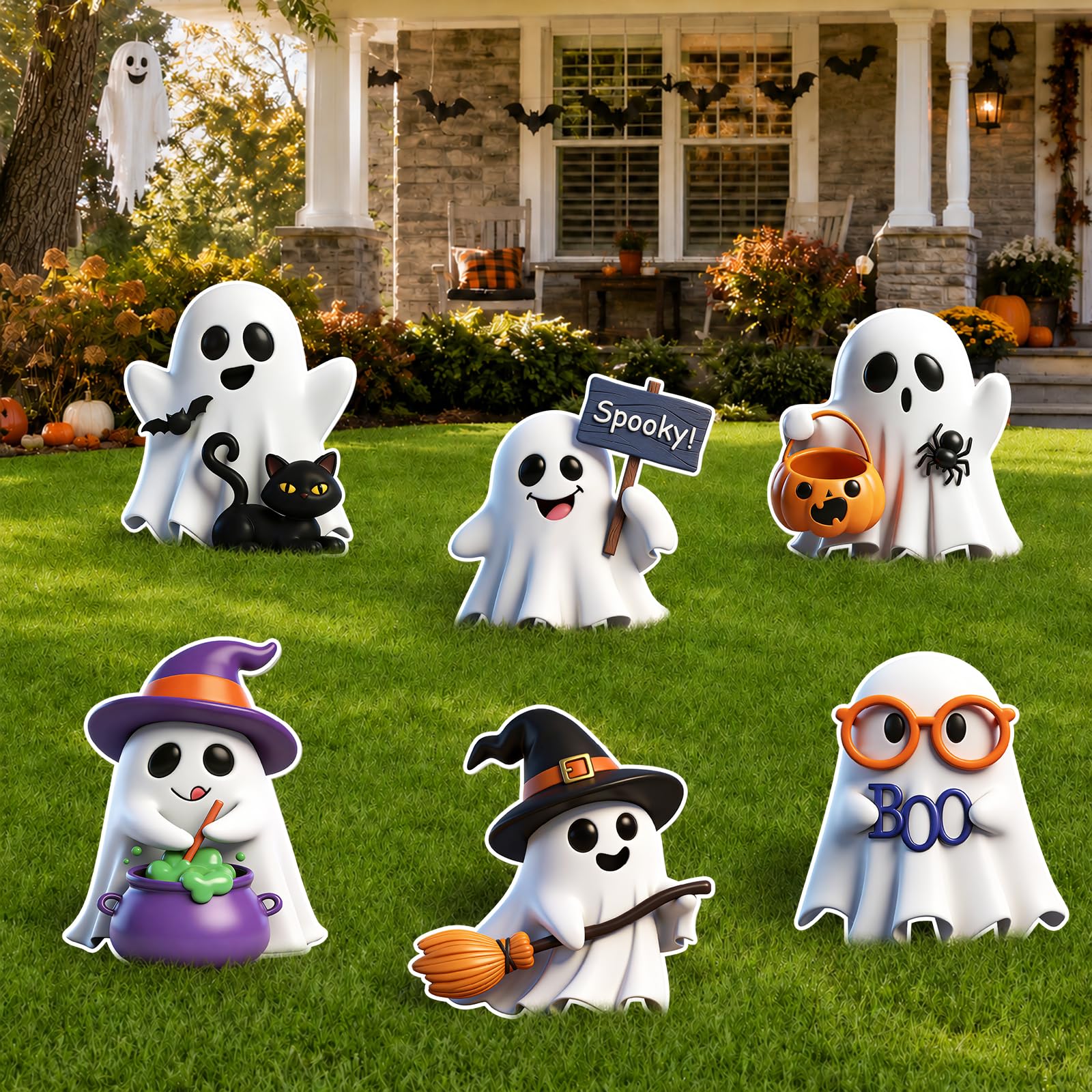 Bunny Chorus Halloween Ghost Yard Signs, 6pcs Colorful Ghost Halloween Decorations Outdoor, Cute Spooky Ghost Grave Markers Lawn Signs for Halloween Outdoor Decor, 13" x 15"