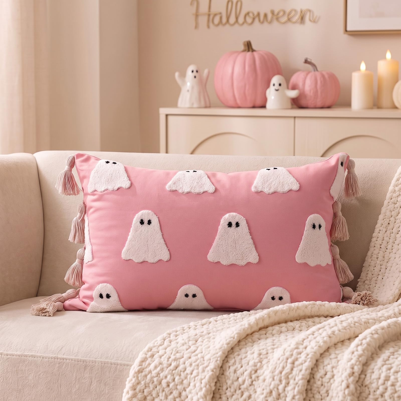 Bunny Chorus Pink Halloween Pillow Covers, Cute Ghost Pillow Lumbar Cushion Cover with Tassels, Soft Pink Ghost Decor for Sofa Couch Bed, Halloween Pillow Covers for Living Room Kids Room Office