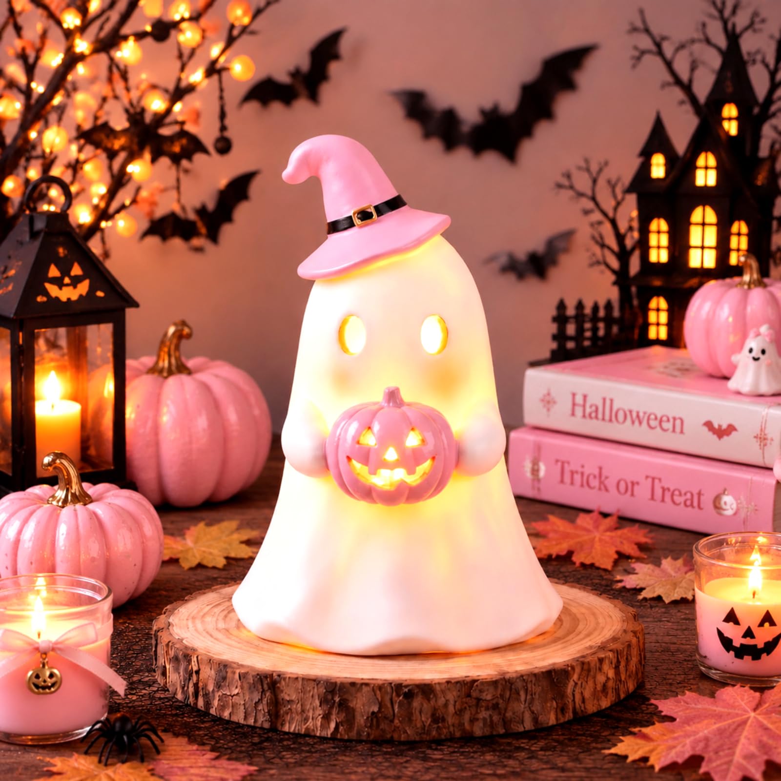 Pinkunn Halloween Light up Ghost Decor Pink Pumpkin Spooky Figurines