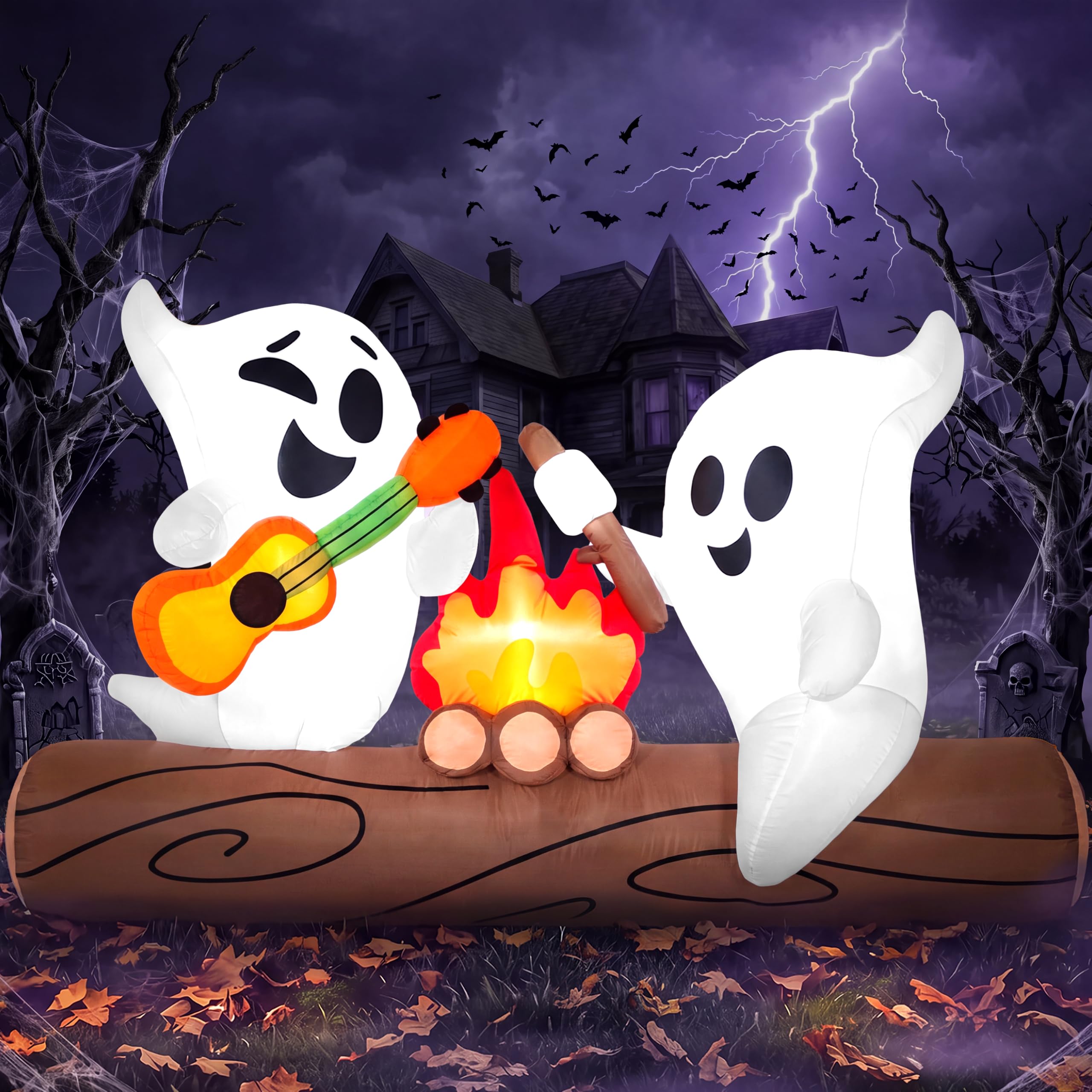Joiedomi 6ft Long Halloween Inflatable Ghost Outdoor Decoration, Cute Blow Up Ghost Roasts Cotton Candy Over Campfire with LED, Halloween Blow Up Yard Decoration for Holiday Party Garden Lawn Decor
