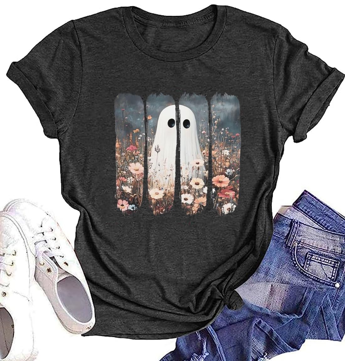 Women Cute Pumpkin Printing Ghost Graphic Fall Shirts Casual Halloween Trendy Tee Thanksgiving Tops