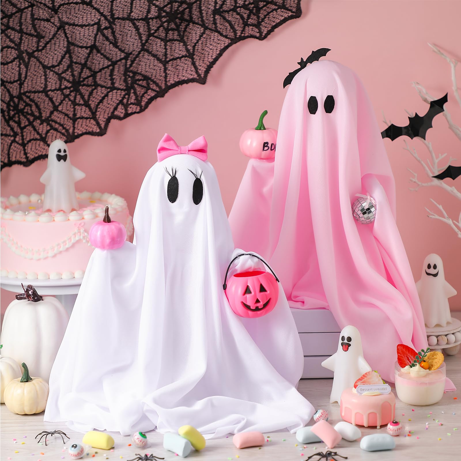 2 Pcs Pink Halloween Ghost Decorations 12in Girly Pumpkin Ghost Figurine
