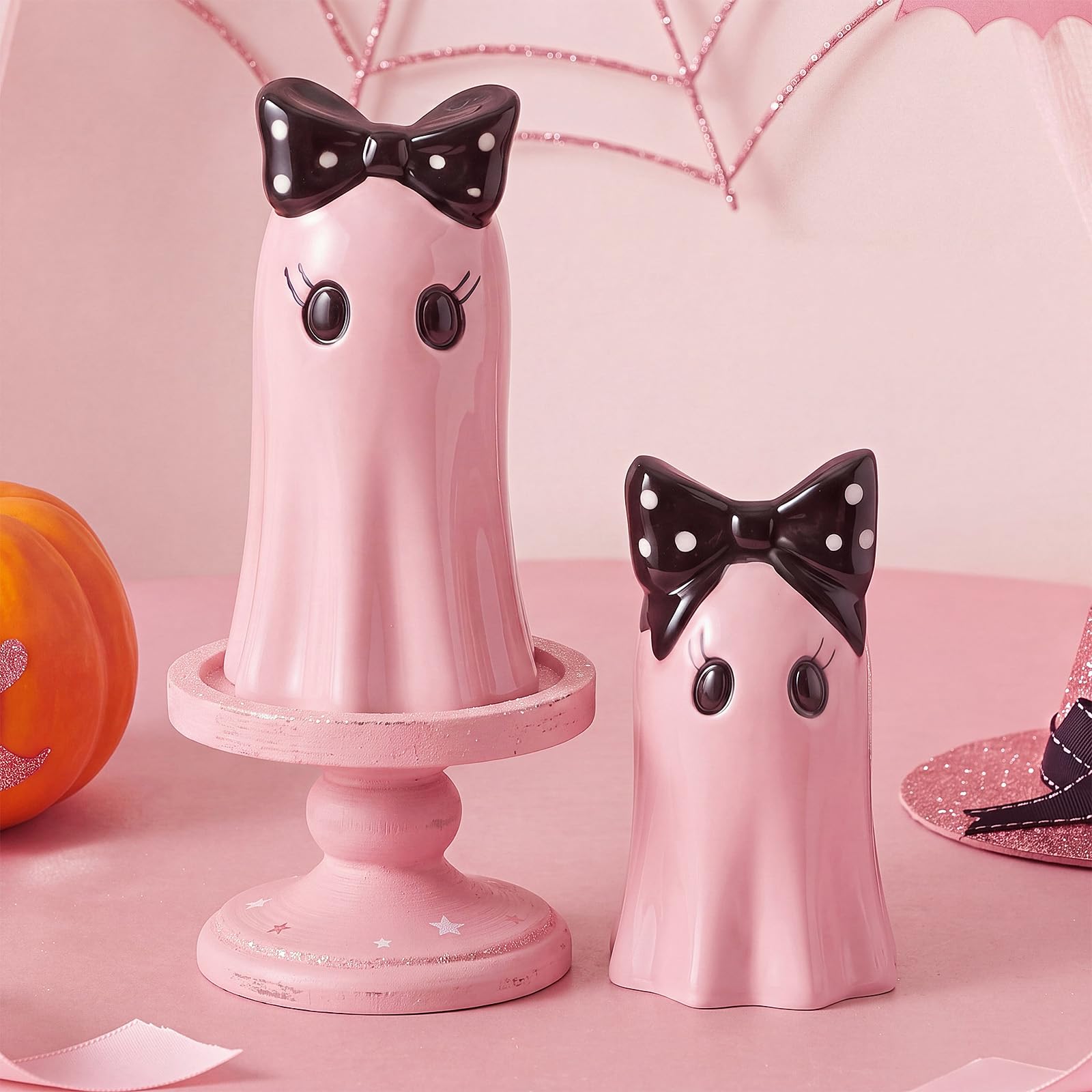 Set of 2 Halloween Ghost Figurines - Pink Ceramic Ghost Statue with Bowknot