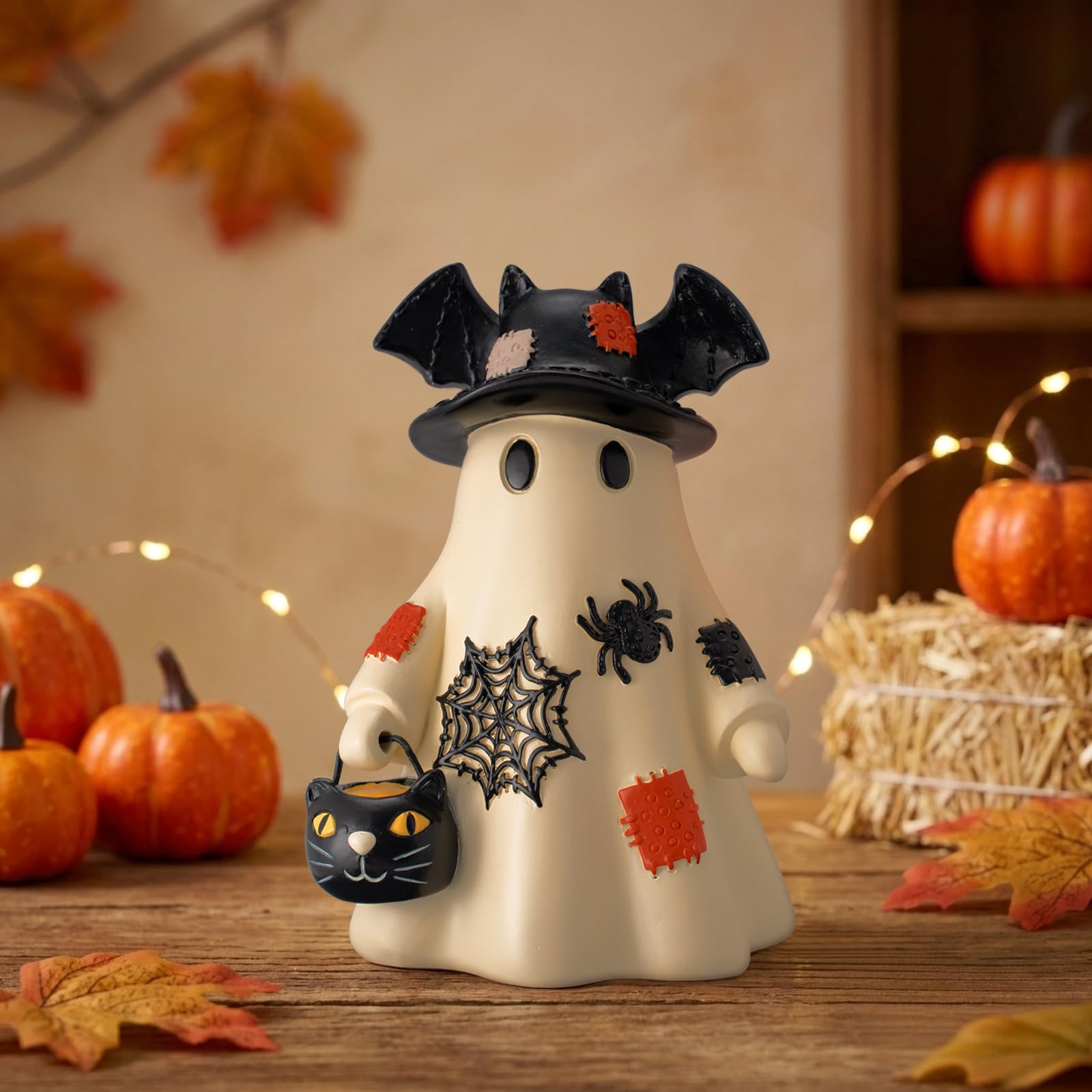 Cute Spooky Halloween Ghost Figurine with Bat Hat & Black Cat Bucket