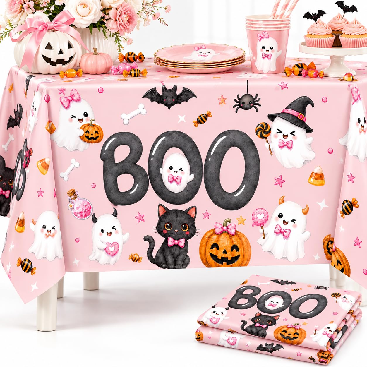 QIYANPAX 3 Pack Pink Halloween Tablecloth, Cute Ghost Pumpkin Black Cat Boo Plastic Table Cover for Halloween Birthday Baby Shower Party Decorations, 54 x 108 Inch
