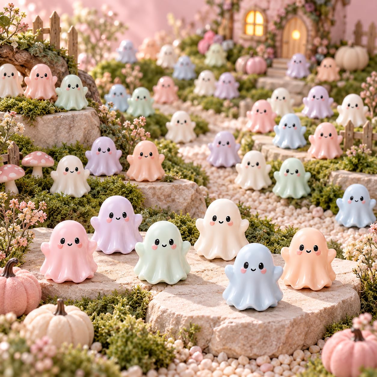 60 Pcs Mini Ghost Figurines Pastel Resin Halloween Fairy Garden Decor
