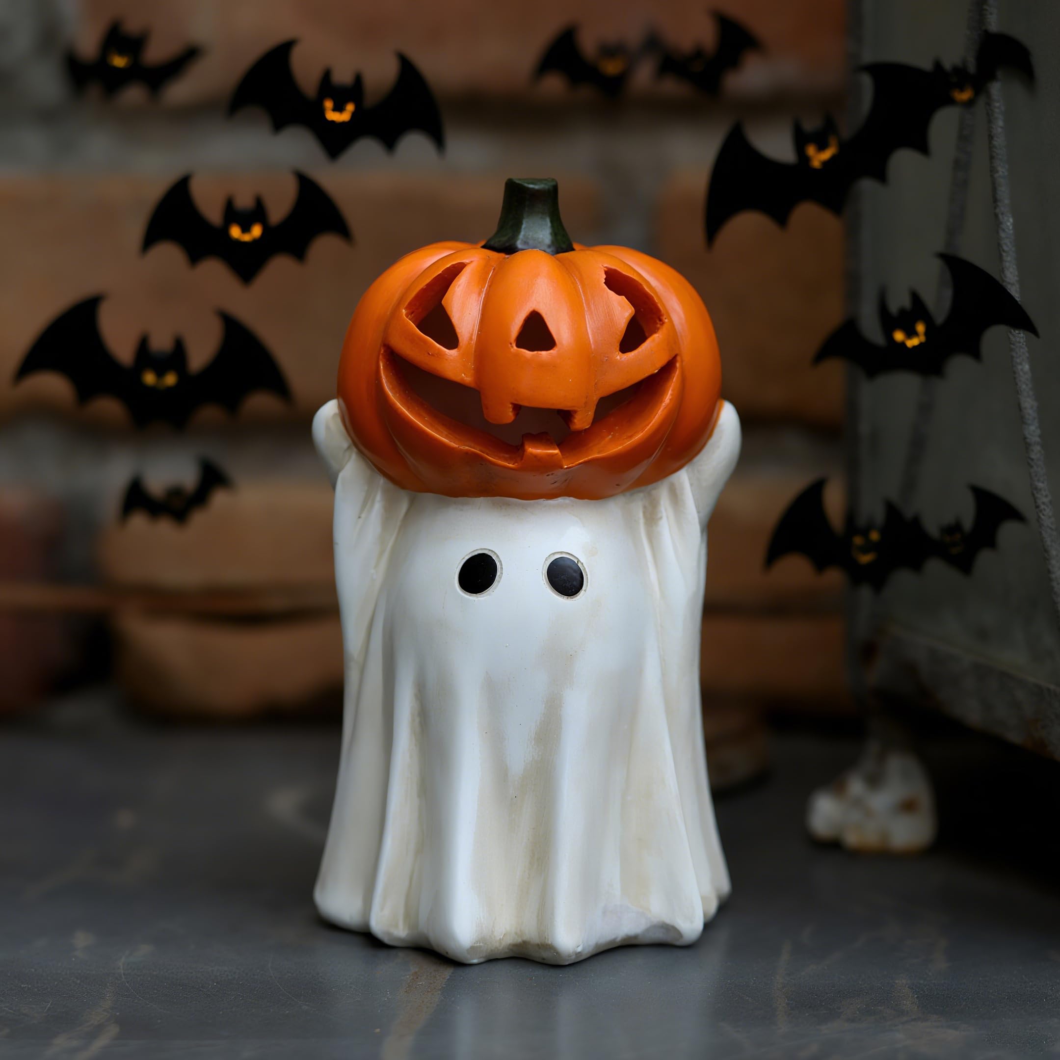 Halloween Ghost Decoration with Light-Up Jack-o'-Lantern Head,Cute Little White Ghost Holding Mini Pumpkin with Colorful LED Lights, Festive Tabletop Decor for Halloween Party, Home & Indoor Display