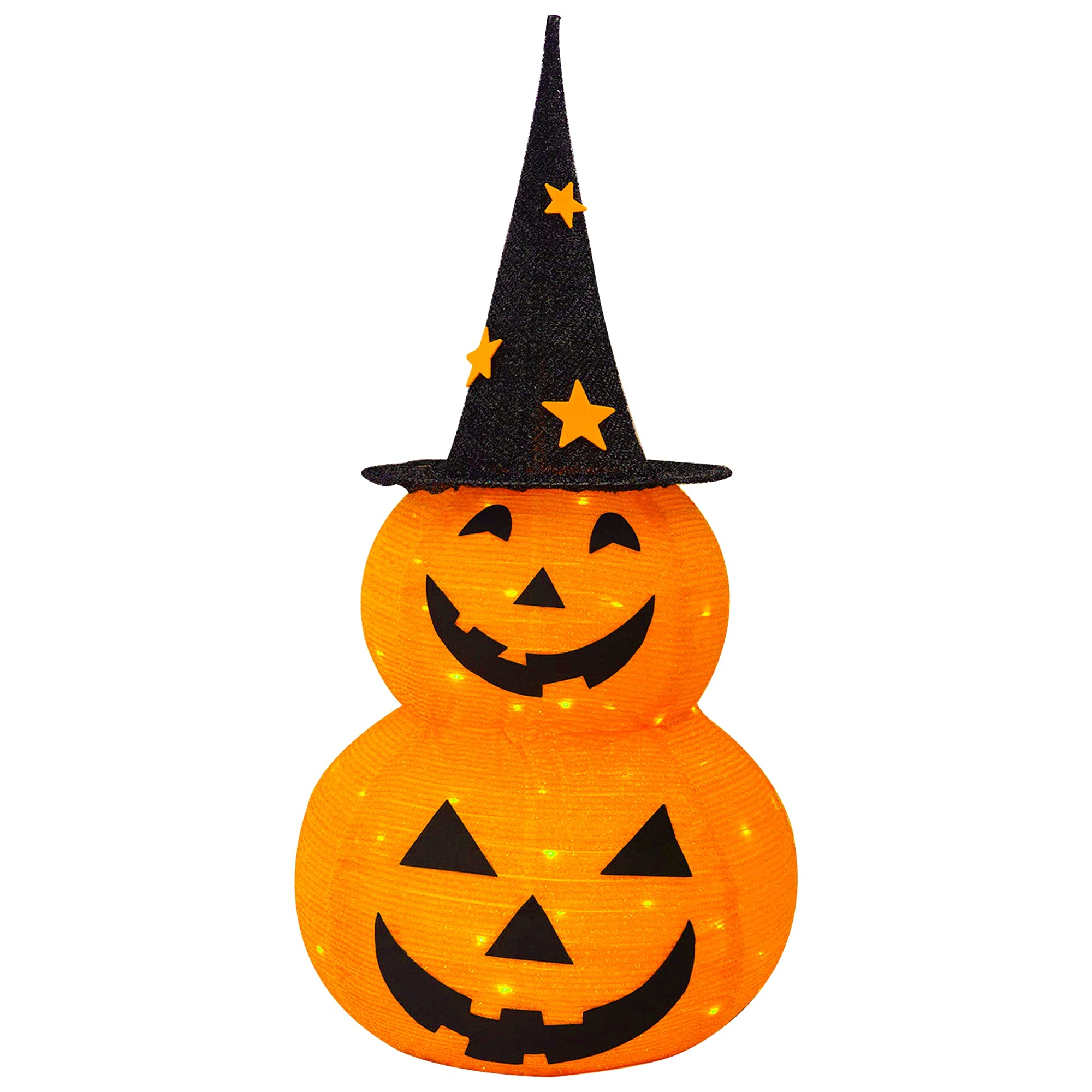 FUNPENY 3FT Halloween Collapsible Pumpkin Decorations, Pre-Lit Light Up 50 LED Pumpkin with Star Hat 8 Lighted Mode, Pop Up Jack-o-Lantern with Metal Stand for Indoor Outdoor Yard Holiday Decor