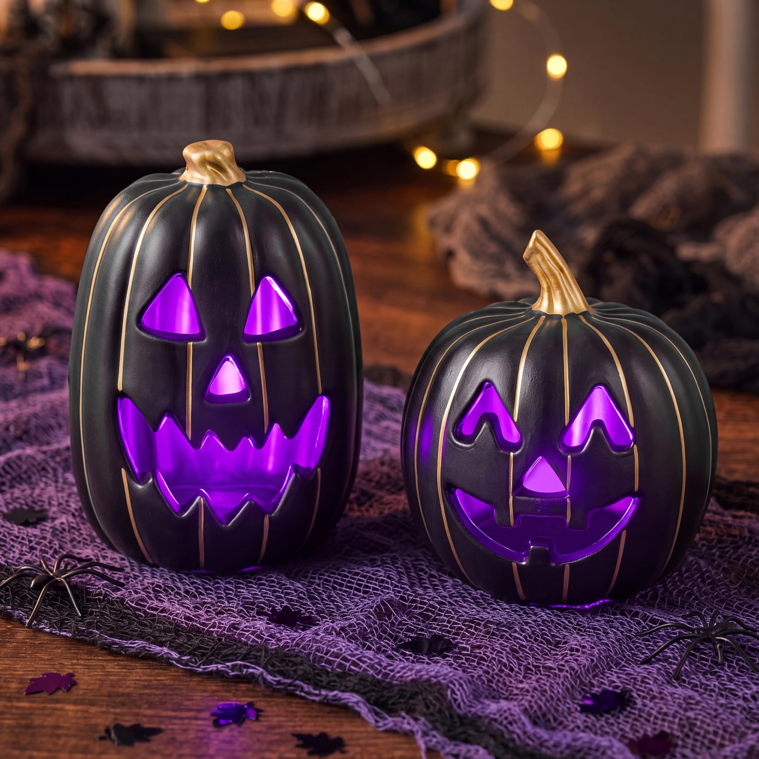 JOYIN 2 Pcs Light Up Black Pumpkin Halloween Decorations Indoor, LED Small Jack O Lantern Set for Halloween Decor Outdoor for Tabletop Party Decor Porch Yard
