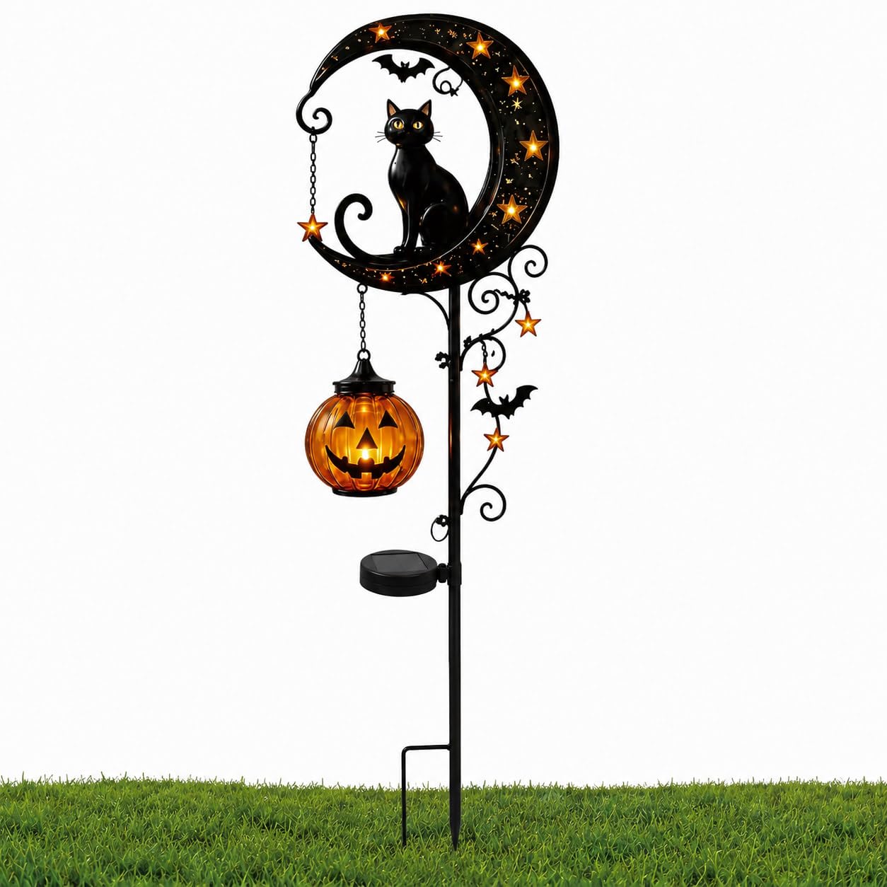 Solar Halloween Black Cat & Pumpkin Moon Garden Stake Light, Jack-o'-Lantern Lantern Solar Outdoor Waterproof LED Yard Decoration with Crescent Moon, for Garden, Patio (Style B)