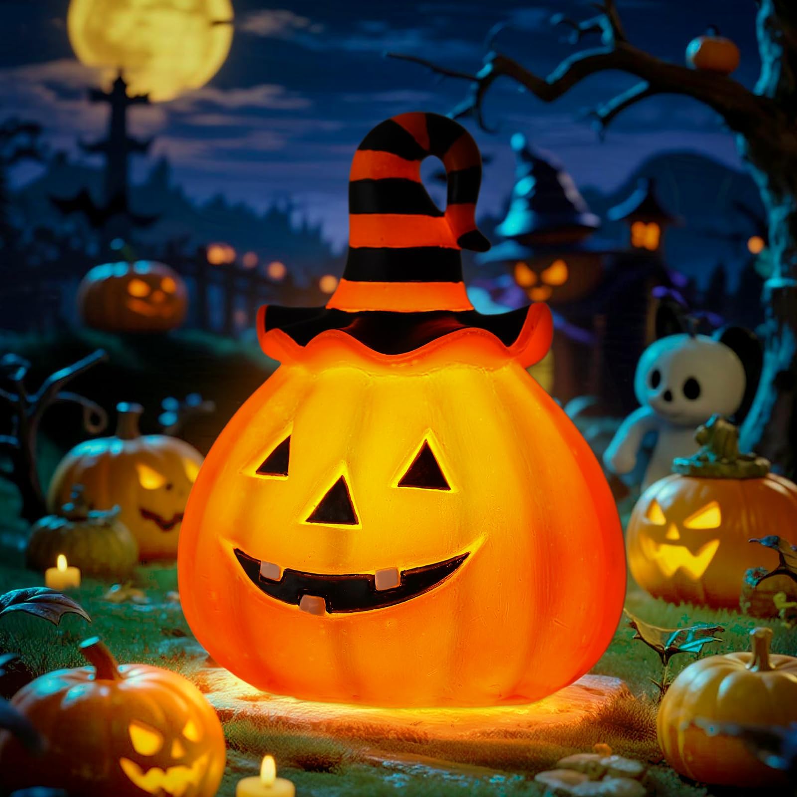 Halloween Pumpkin Outdoor Solar Light, Jack O Lantern with Witch Hat