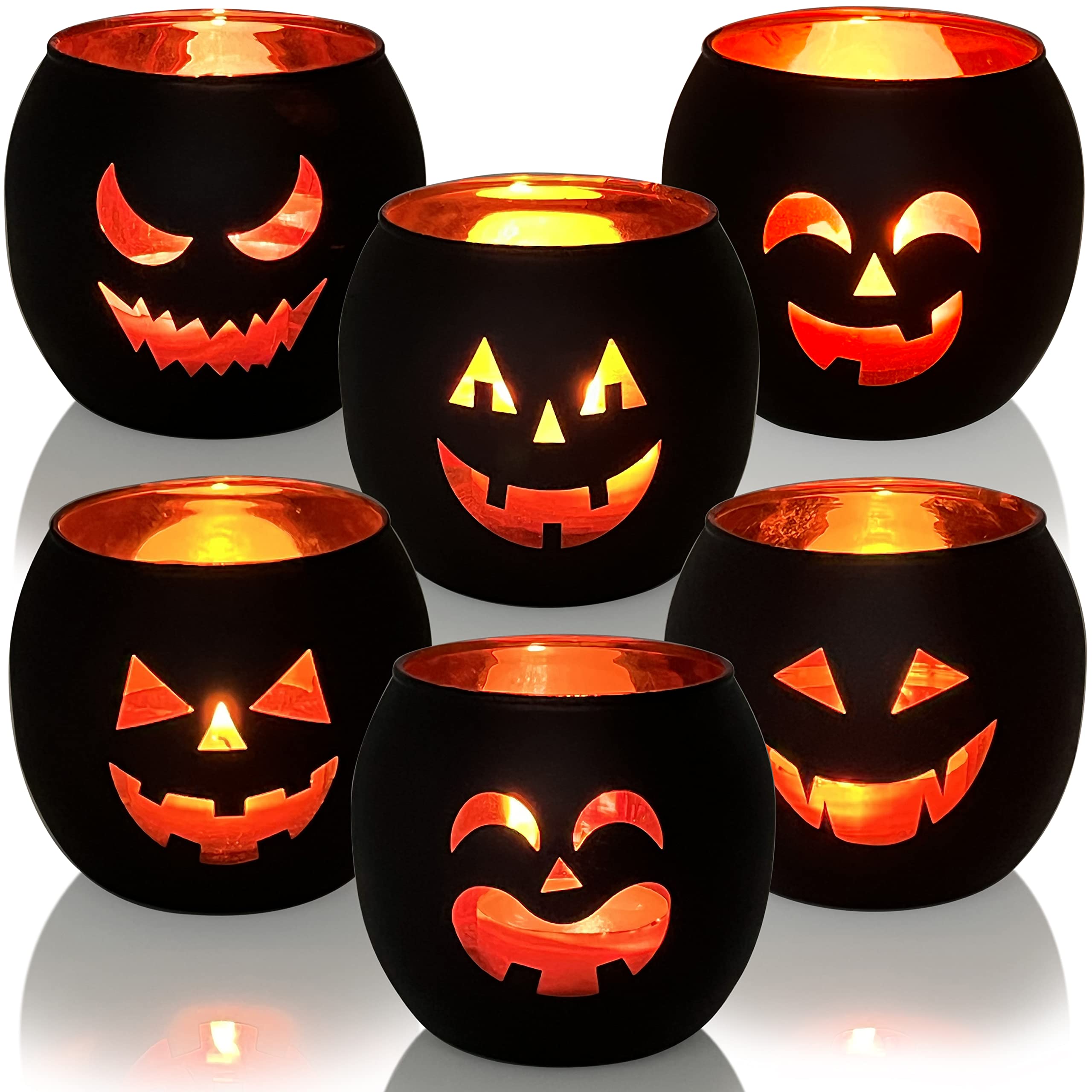 Halloween Table Decor Set of 6, Jack O Lanterns Black Glass Votive Tealight Candle Holders, Halloween Decorations Indoor Party Mantel Coffe Table Centerpiece Decor