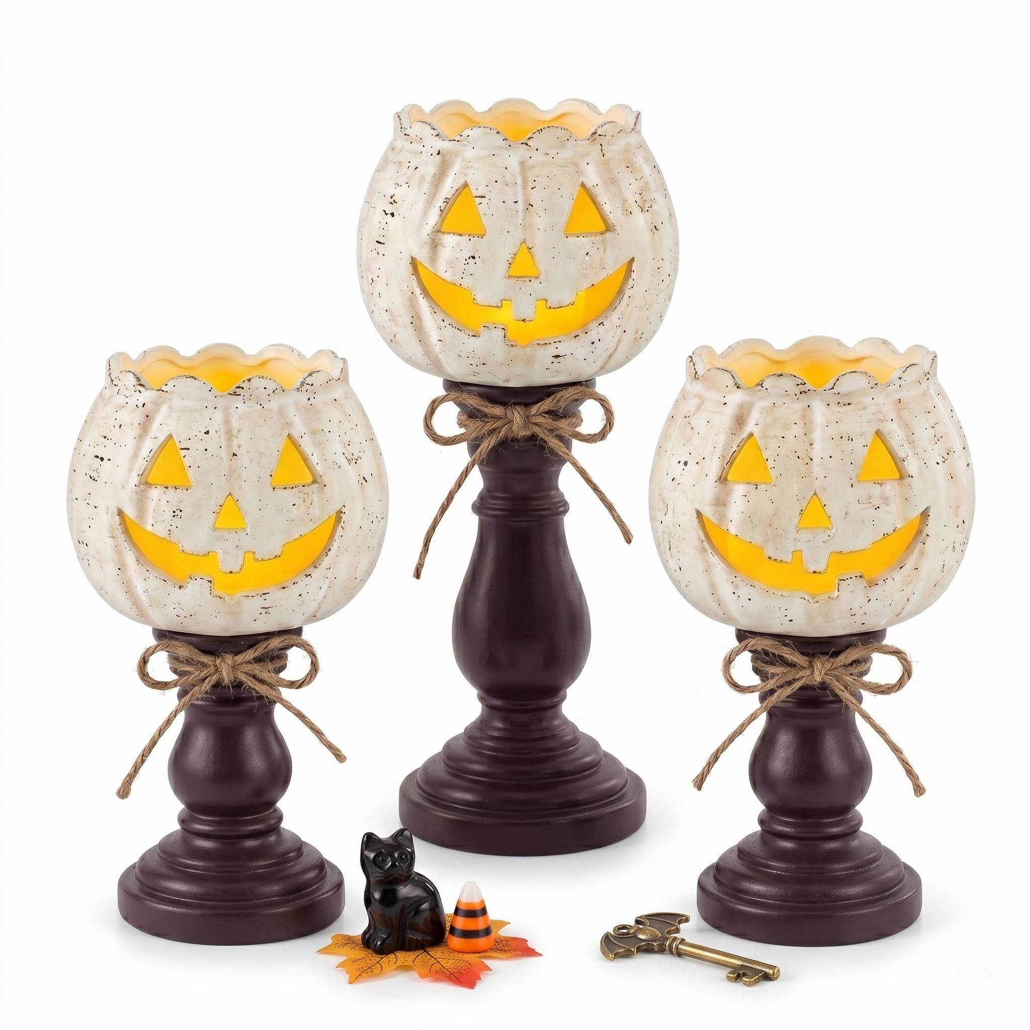 3-Piece Rustic White Pumpkin Tealight Candle Holder Set - Farmhouse Jack-o'-Lantern Table Centerpieces for Halloween, Thanksgiving & Fall Decor - Tiered Wood-Look Pedestal Design