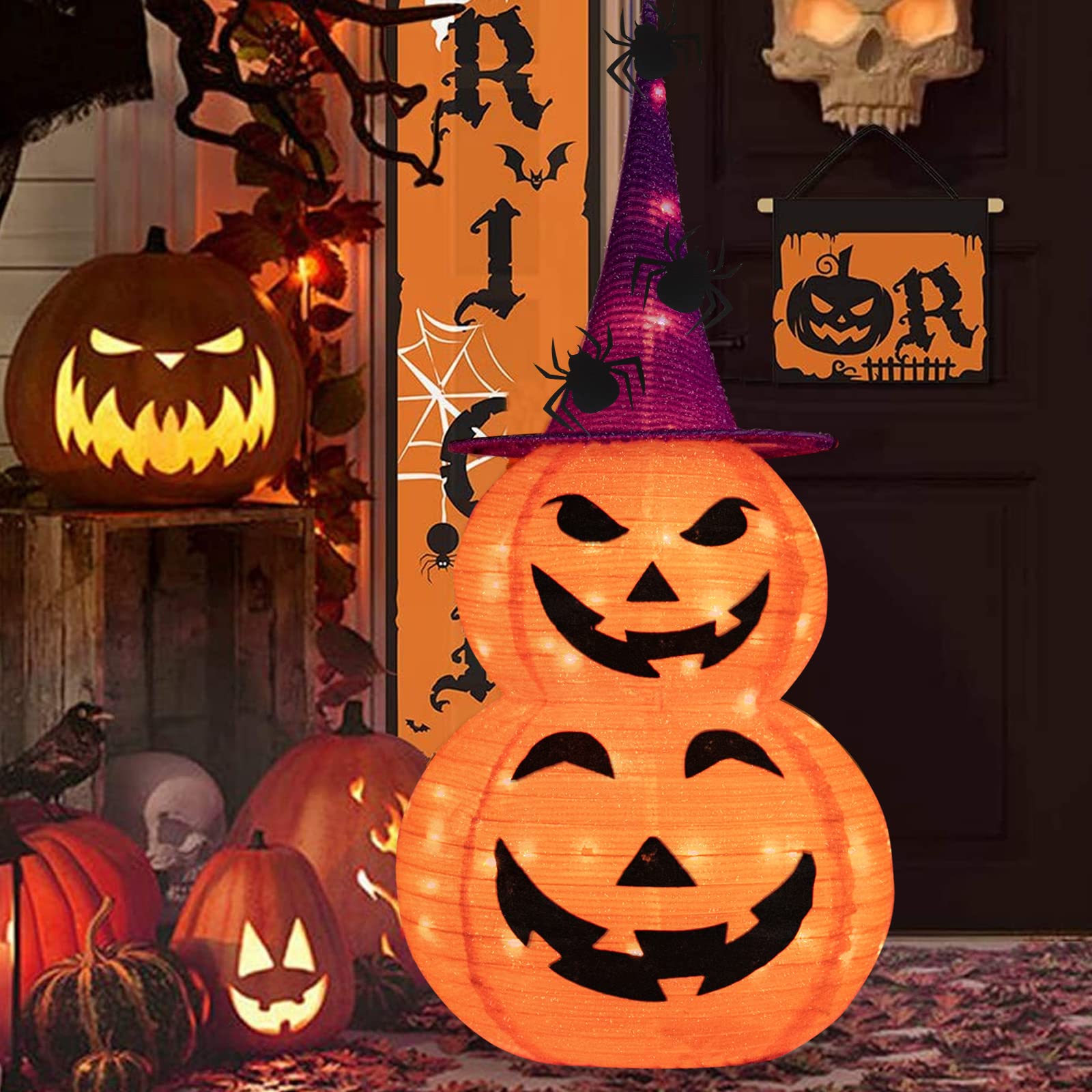 Collapsible Light up Pumpkin Halloween Decorations Outdoor, 3FT Plastic Pre-lit Stackable Jack o Lantern Pumpkin with 8 Lighted Mode & Timer for Home Indoor Outdoor Yard Porch Party Decor