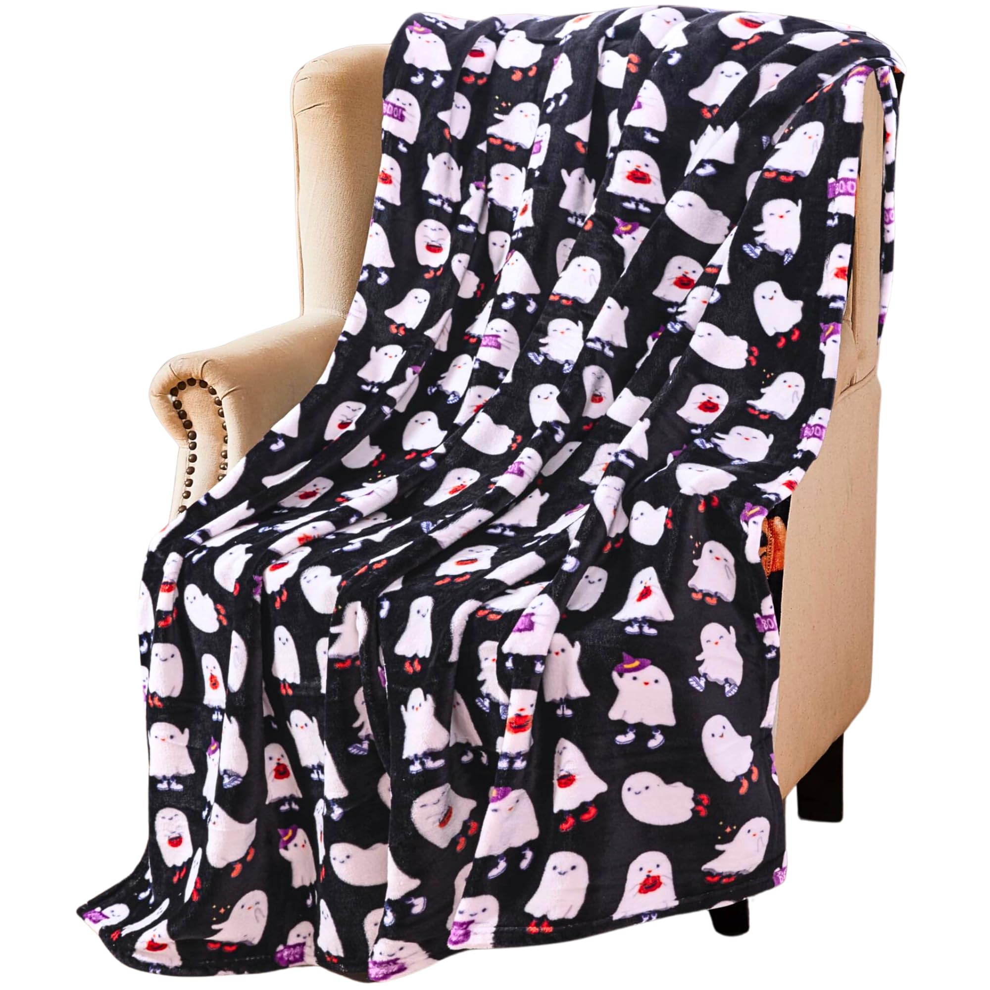 Halloween Ghost Fleece Throw Blanket, Cute Ghosts on Black, 50x70 in