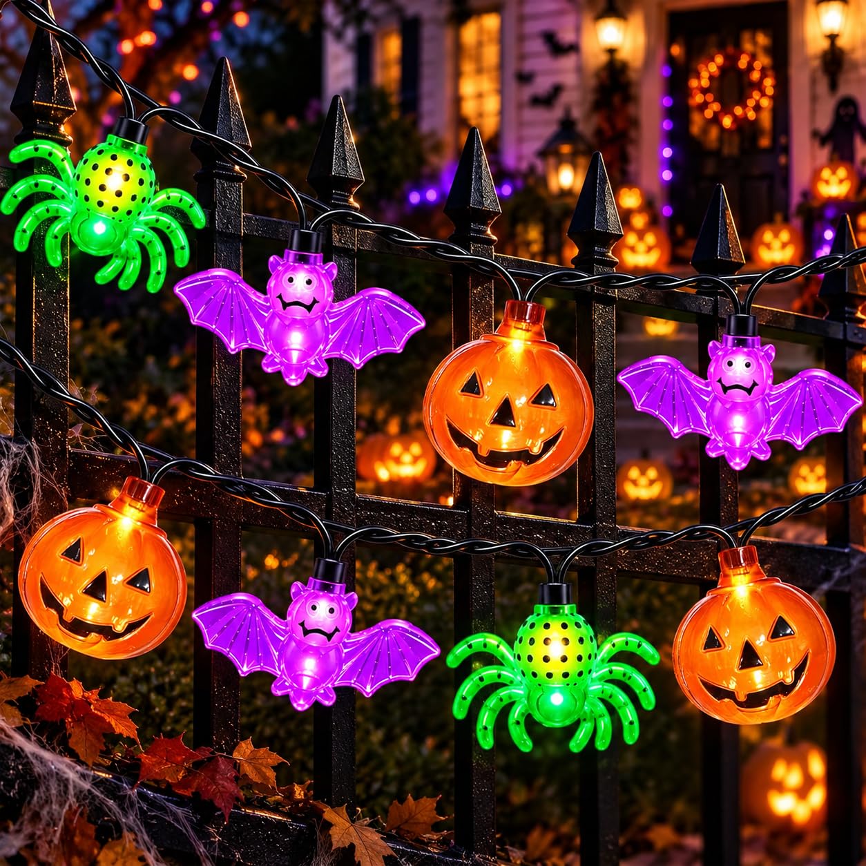 Couah Halloween Pumpkin Bat Spider LED String Lights, 8.5Ft Jack O Lantern Lights with 10 PCS Pumpkin Bat Spider Plug-in Waterproof for Outdoor Indoor Halloween Decorations
