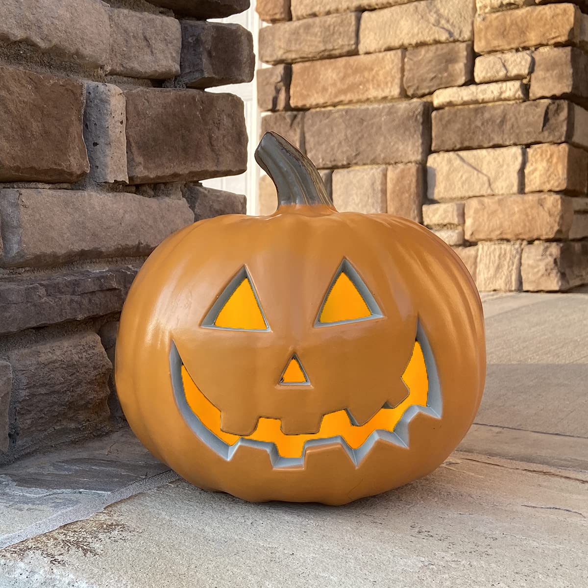 10" Jack O Lantern - Plastic Pumpkins Decorations for Halloween - Round Lightened Pumpkin for Front Porch Party Front Door Fireplace Mantle Decorations