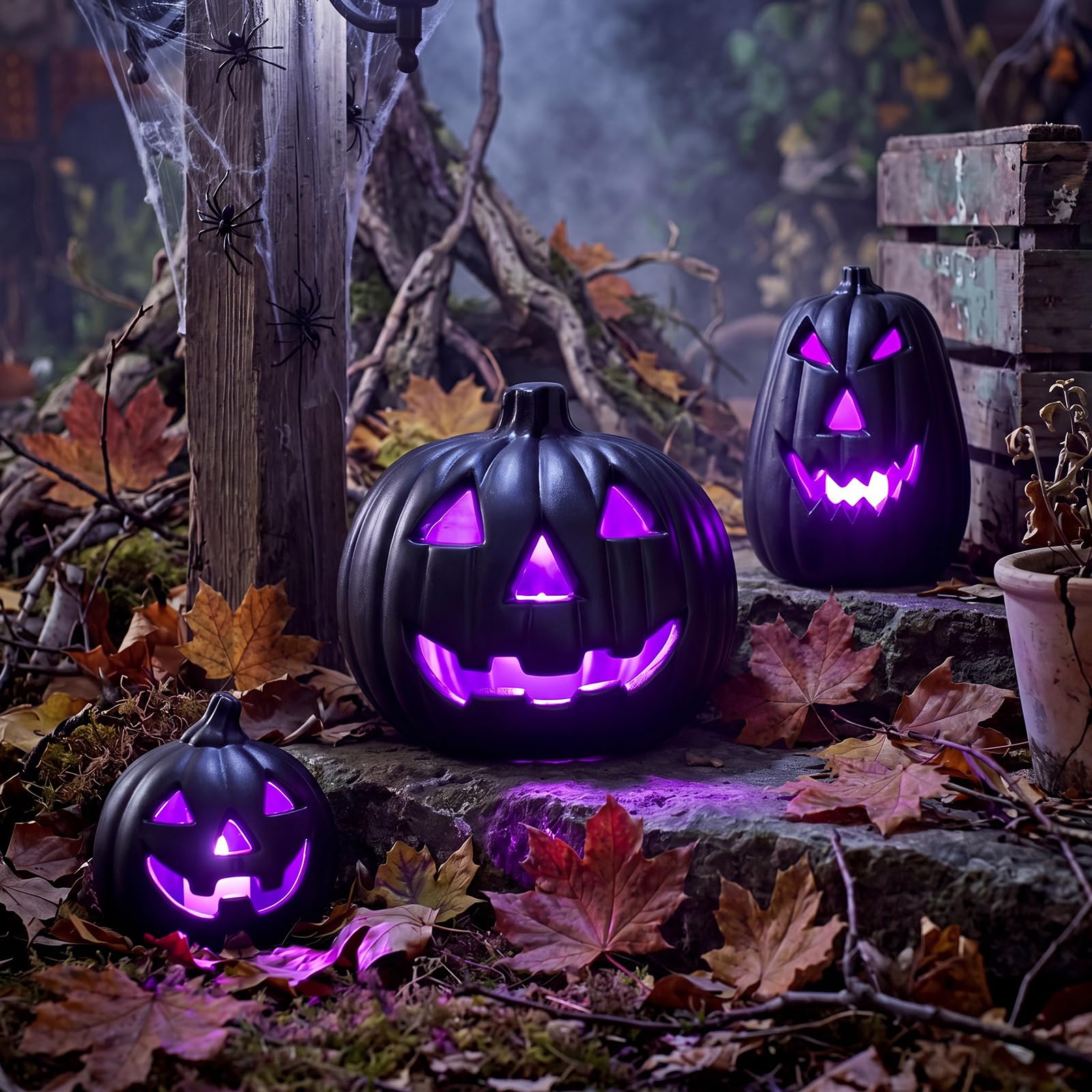 Woanger 3 Pcs Black Jack O Lantern Halloween Lighted Pumpkin Set