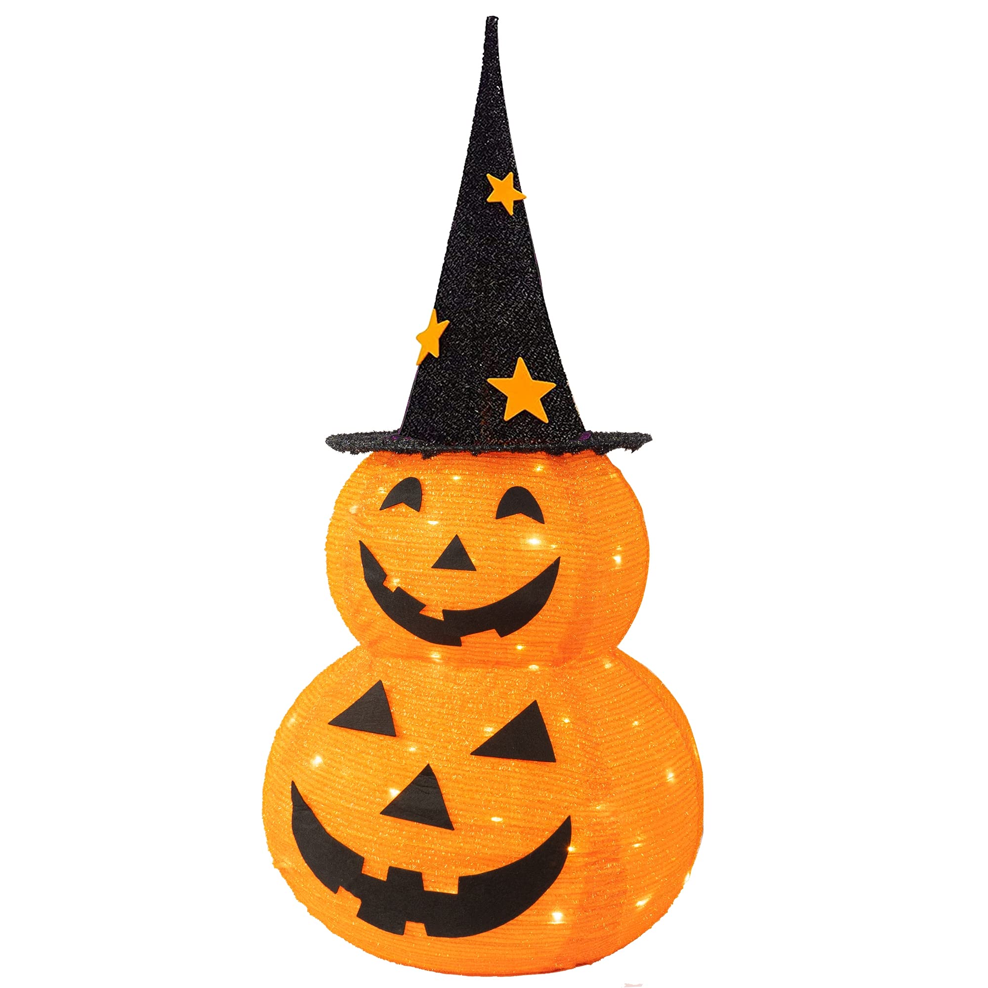 Halloween Decorations, 3 FT Pop Up Collapsible Pumpkin, Pre-Lit 50 LED Lighted Pupmkin Man with Star Hat, Jack o' Lantern with Metal Stand for Outdoor Indoor Garden Yard Home Party Decor