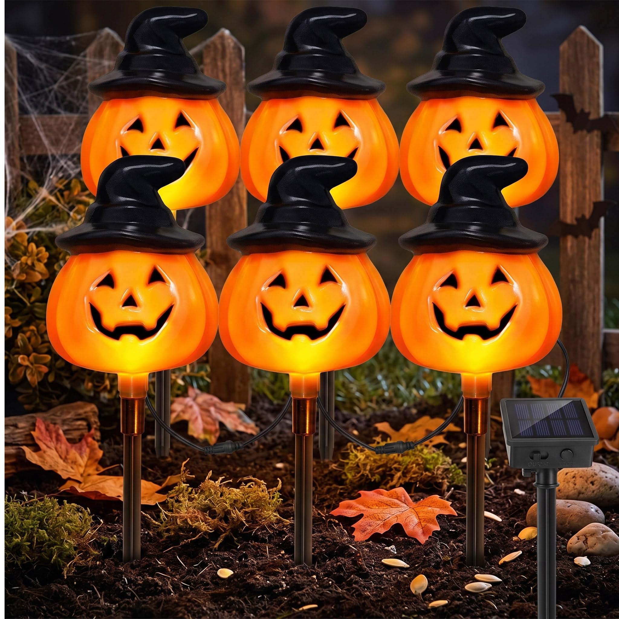 Halloween Pumpkin Stake Lights Outdoor 6 Pack, Jack O Lantern Decorative Solar Pumpkin Lights, Waterproof Halloween Decorations for Outdoor Garden and Yard