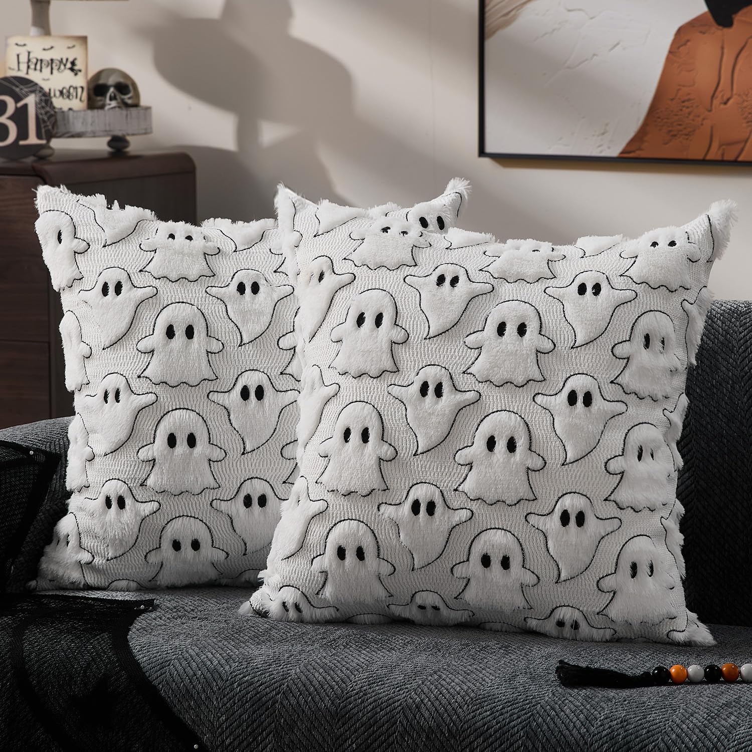 DFXSZ Halloween Pillow Covers 16x16 inch 2Pcs White Black Ghost Halloween Decor