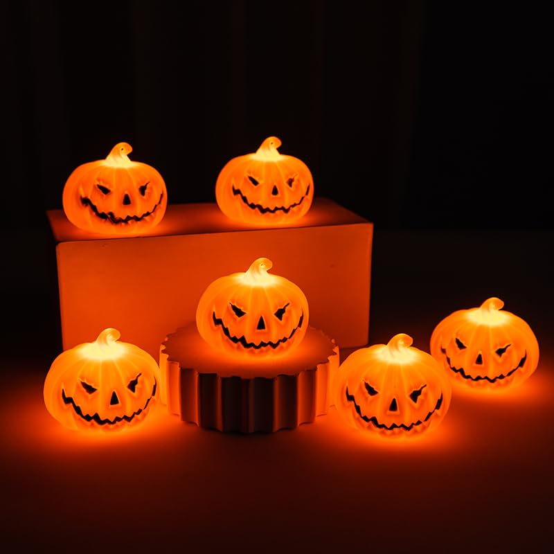6 Pcs Mini LED Jack-o'-Lantern Pumpkin Lanterns, Light Up Halloween Pumpkin Lights with Spooky Face, Plastic Portable Orange Harvest Ornaments for Fall Thanksgiving Glowing Tabletop Decoration