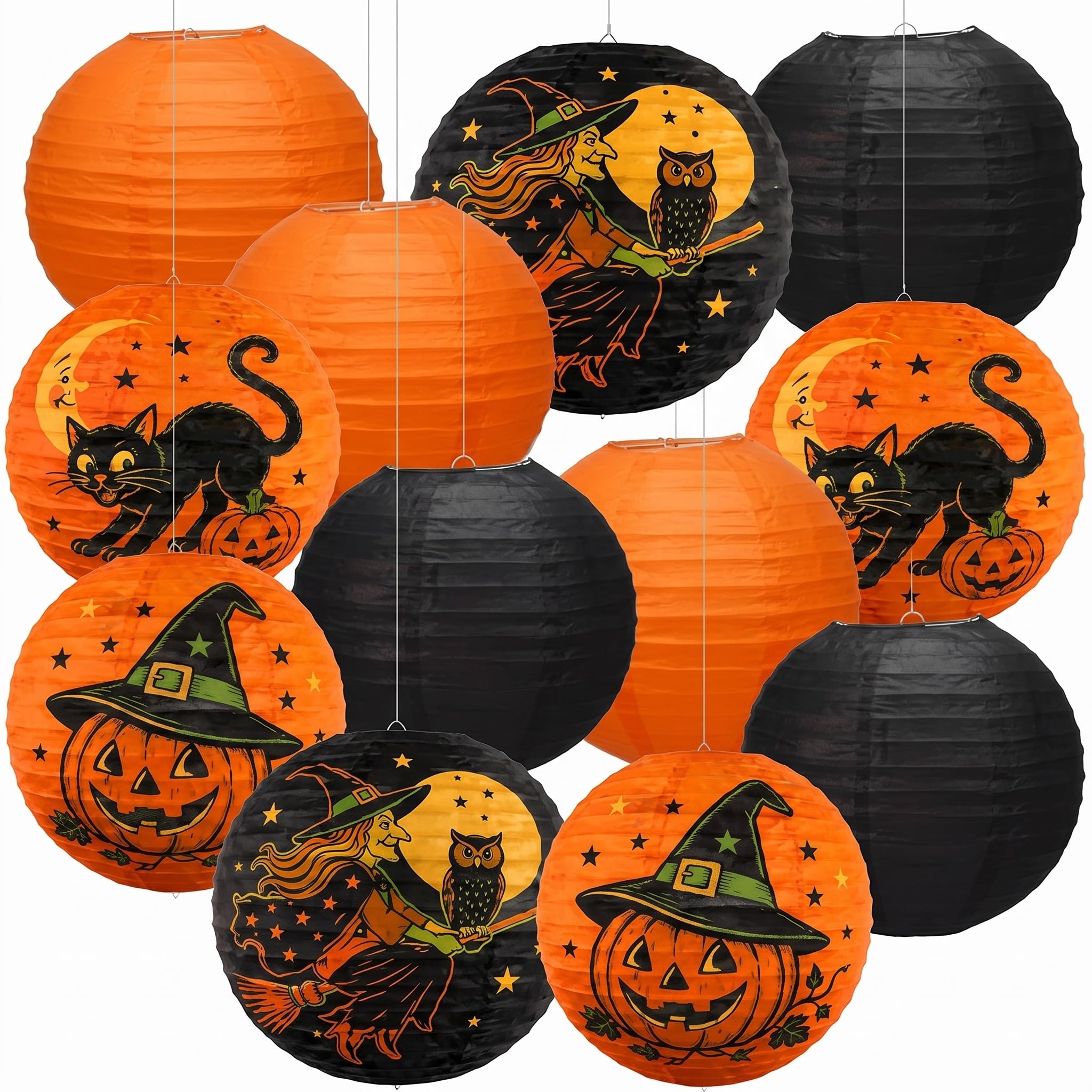 12 Pack Vintage Halloween Paper Lanterns 10 Inch Retro Hanging Pumpkin Witch Black Cat Jack O Lantern Decorations Spooky Classic Autumn Party Supplies Home School Office Ceiling Garland Decor