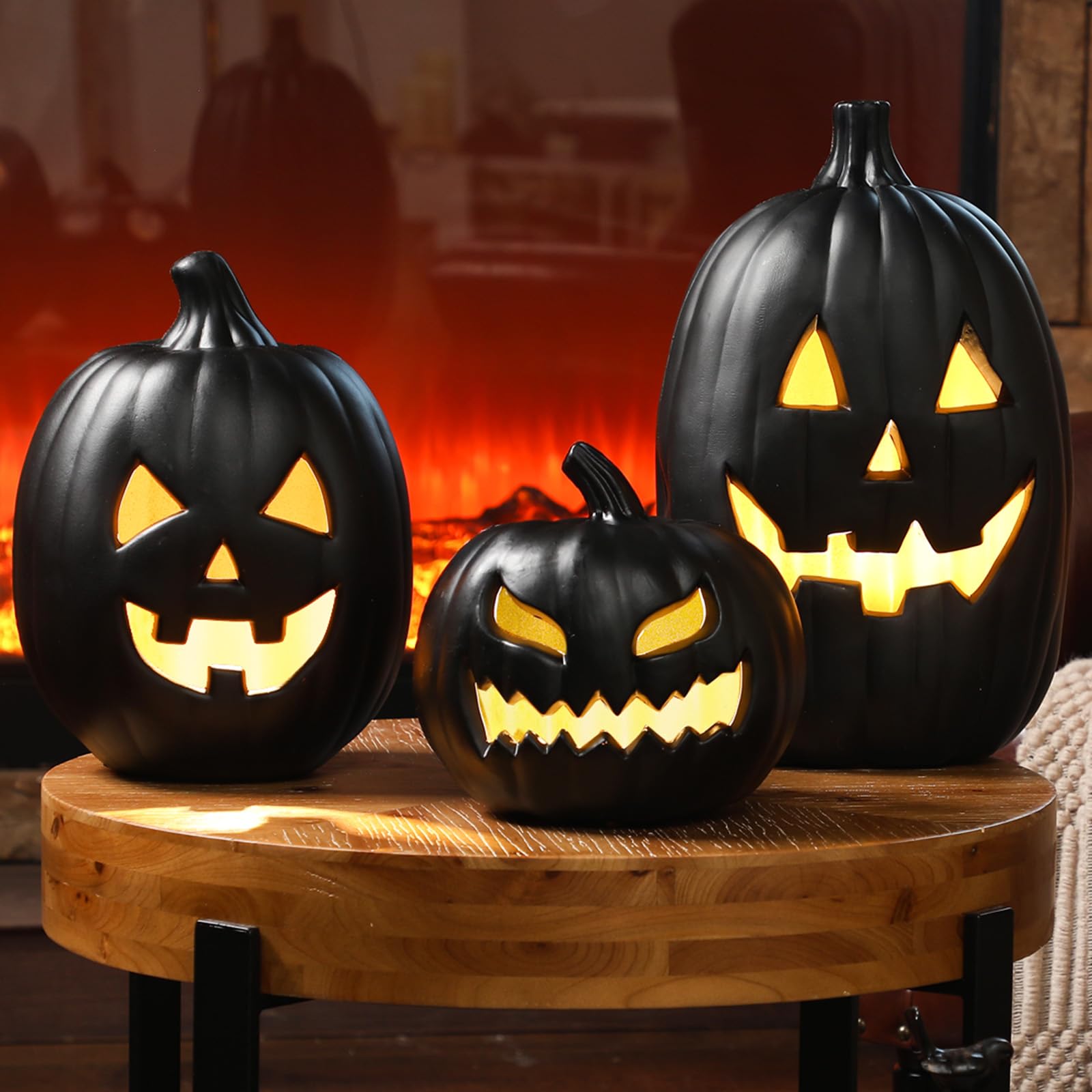 Reallnaive 3 Pcs Black Halloween Jack O Lantern Decoration with LED Light
