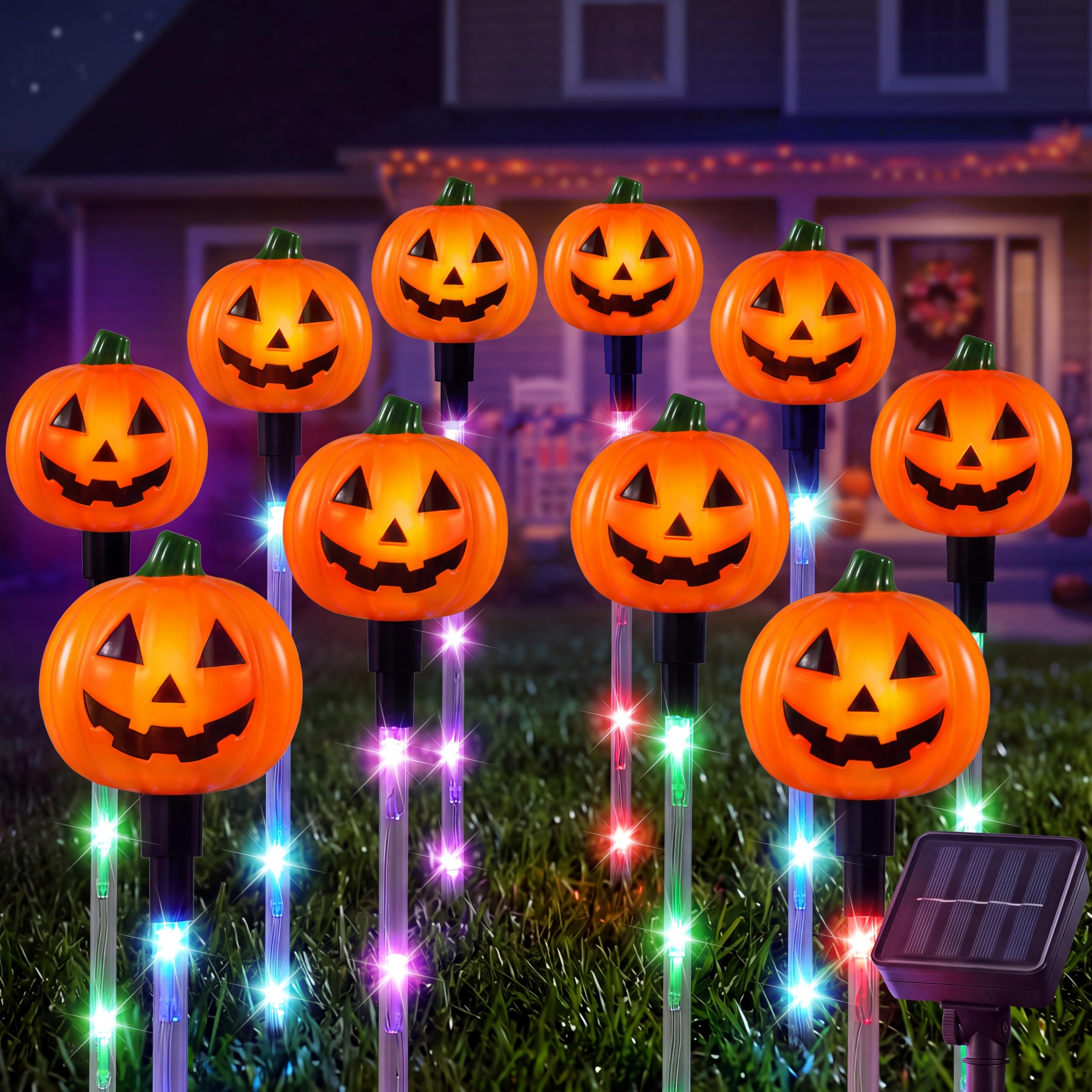 JOYIN 10 Pcs Halloween Solar Pumpkin Pathway Lights Decorations Outdoor, Jack O Lantern Pumpkins Decor with 5 Colors of Light-up Path Maker Stakes for Graveyard Porch Yard Lawn Garden Party Supplies