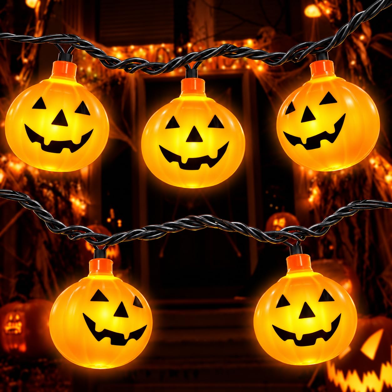 Couah Halloween Pumpkin String Lights, 8.5 Ft LED with 10 Jack O Lantern Lights - Waterproof, Plug-in for Indoor Outdoor Party, Garden, Yard Decoration