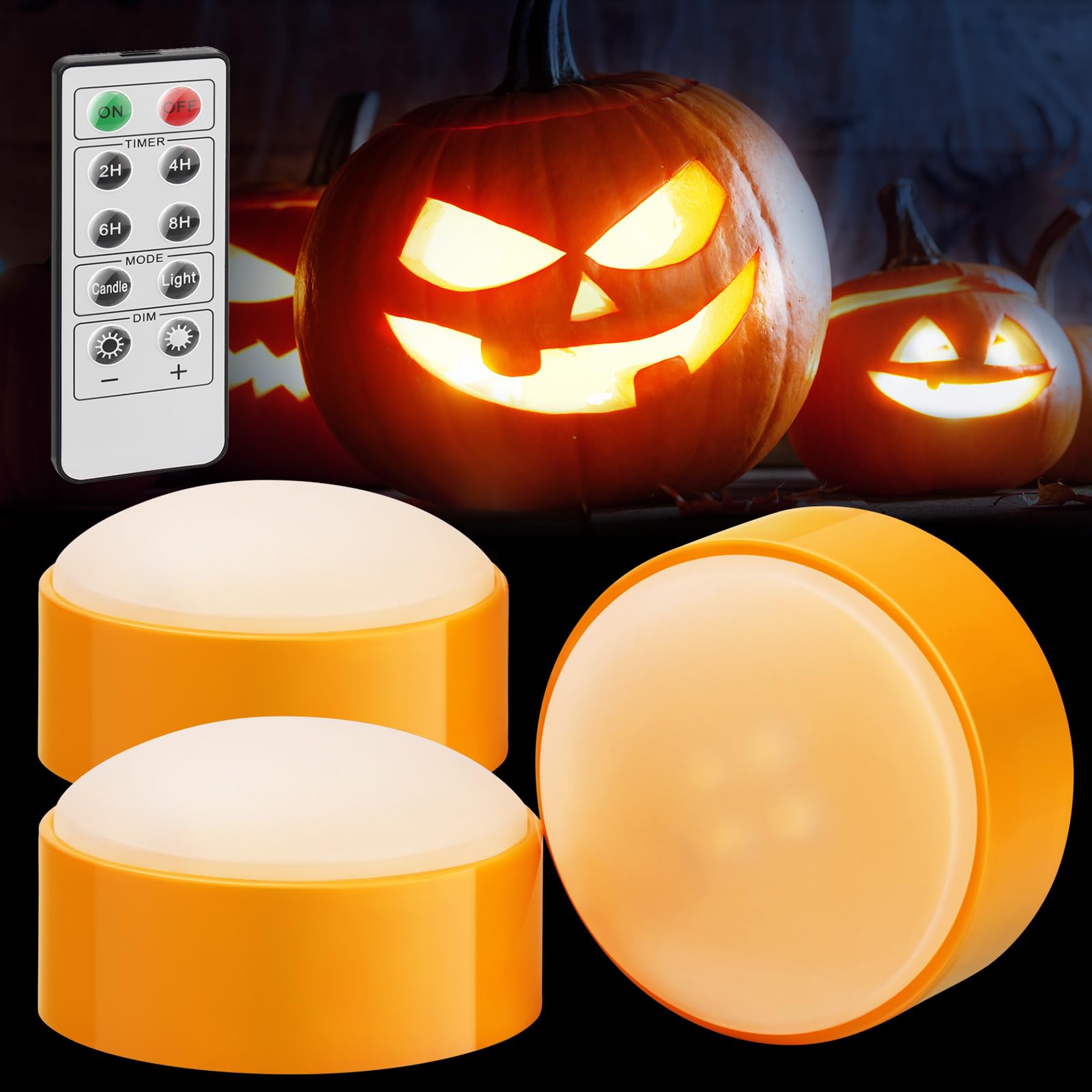 Luditek 3-Pack Halloween LED Pumpkin Lights with Remote and Timer, Battery Operated Orange Jack-O-Lantern Light for Halloween Decor, Flameless Candles for Pumpkin Decorations