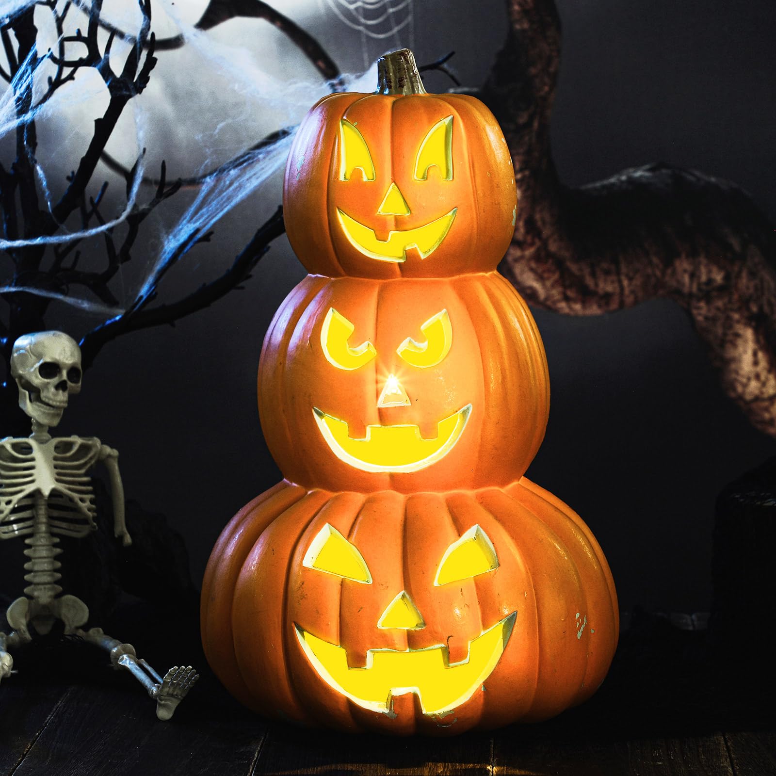 3 Tier 14" Halloween Stacked Pumpkin Decor, Jack O Lantern with LED Lights