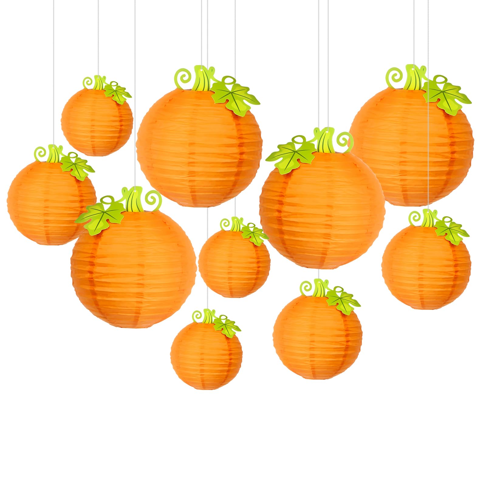 10 Pack Jack Skellington Pumpkin Paper Lanterns with Realistic Stem & Leaves - 3D Orange Hanging Decor for Halloween Porch, Trick-or-Treat, Fall Wedding & Thanksgiving Party Supplies