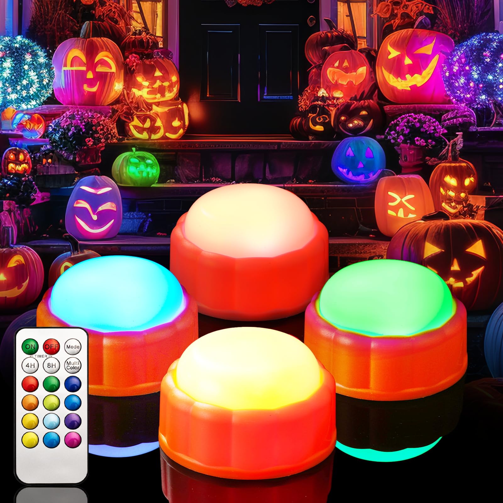 Homemory Halloween Bright LED Pumpkin Lights, Color Changing with Remote Control and Timers,Jack O'Lantern Lights Battery Operated for Halloween, Fall Decorations, Orange, Set of 4