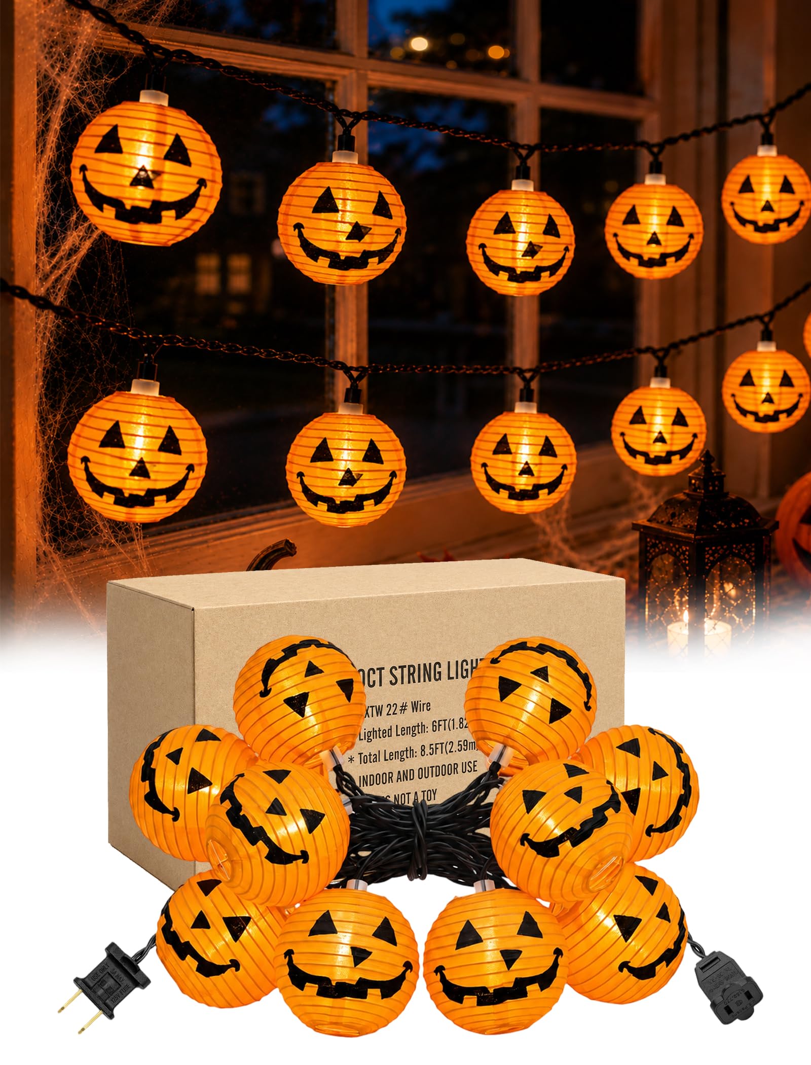 8.5FT Halloween Pumpkin Lantern String Lights Plug-in 10 LED Decor