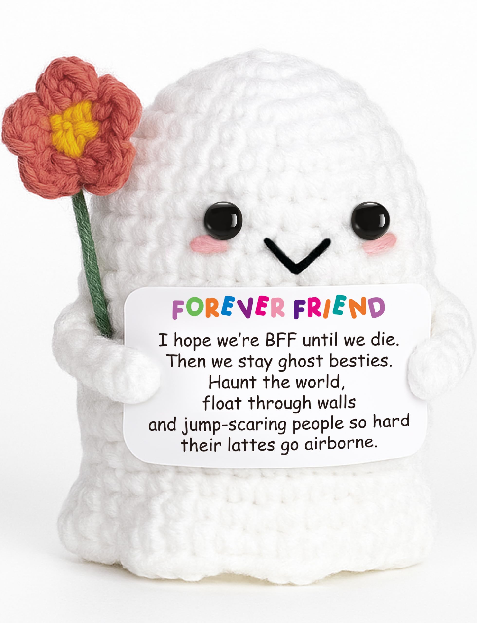 Best Friend for Women Friendship Ornaments - Handmade Crochet Ghost Decor with Funny Boo BFF Message Card, Halloween Stocking Stuffers, Cute Birthday Gift for Bestie Soul Sister