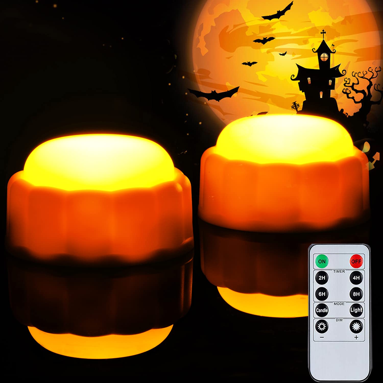 Homemory Halloween Bright LED Pumpkin Lights with Remote Control and Timers, Jack O’ Lantern Lights Battery Operated for Halloween, Fall Decorations, Orange, Outdoor, Set of 2