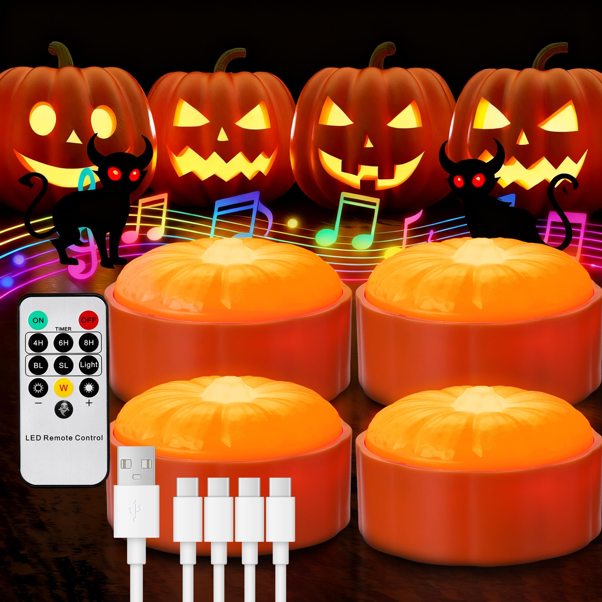 4-Pack Rechargeable Halloween Pumpkin Lights with Remote and Timer, Bright/Flickering Jack-O-Lantern Orange Haunted House Sound Effects Halloween Flameless Pumpkin Candles for Halloween Decorations