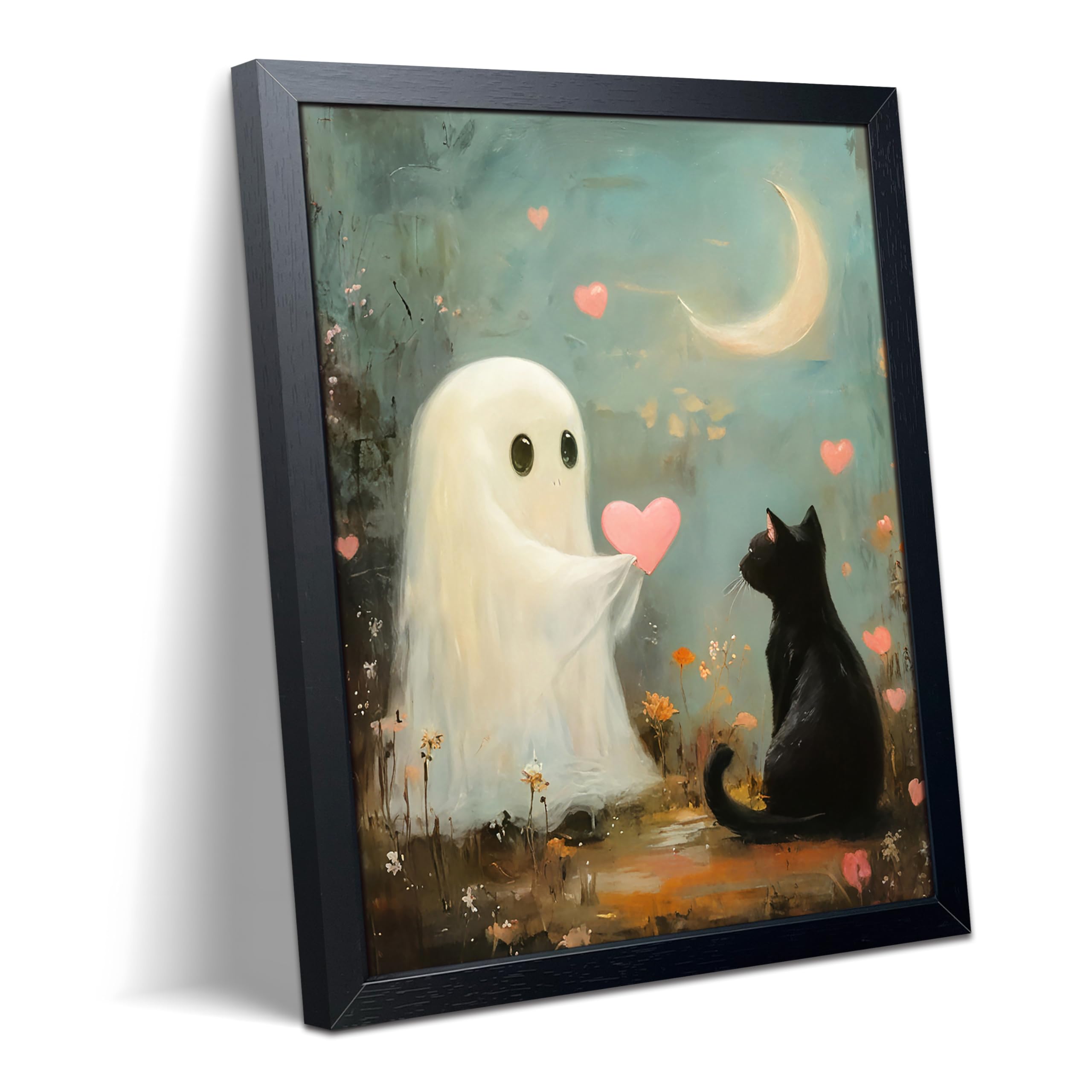 Framed Cute Ghost and Black Cat Wall Art, Whimsical Halloween Love Canvas Poster Print Picture, Spooky Cute Ghost Heart Painting Aesthetic Wall Decor for Bedroom Living Room Bathroom Home Decor 8x10 Inch