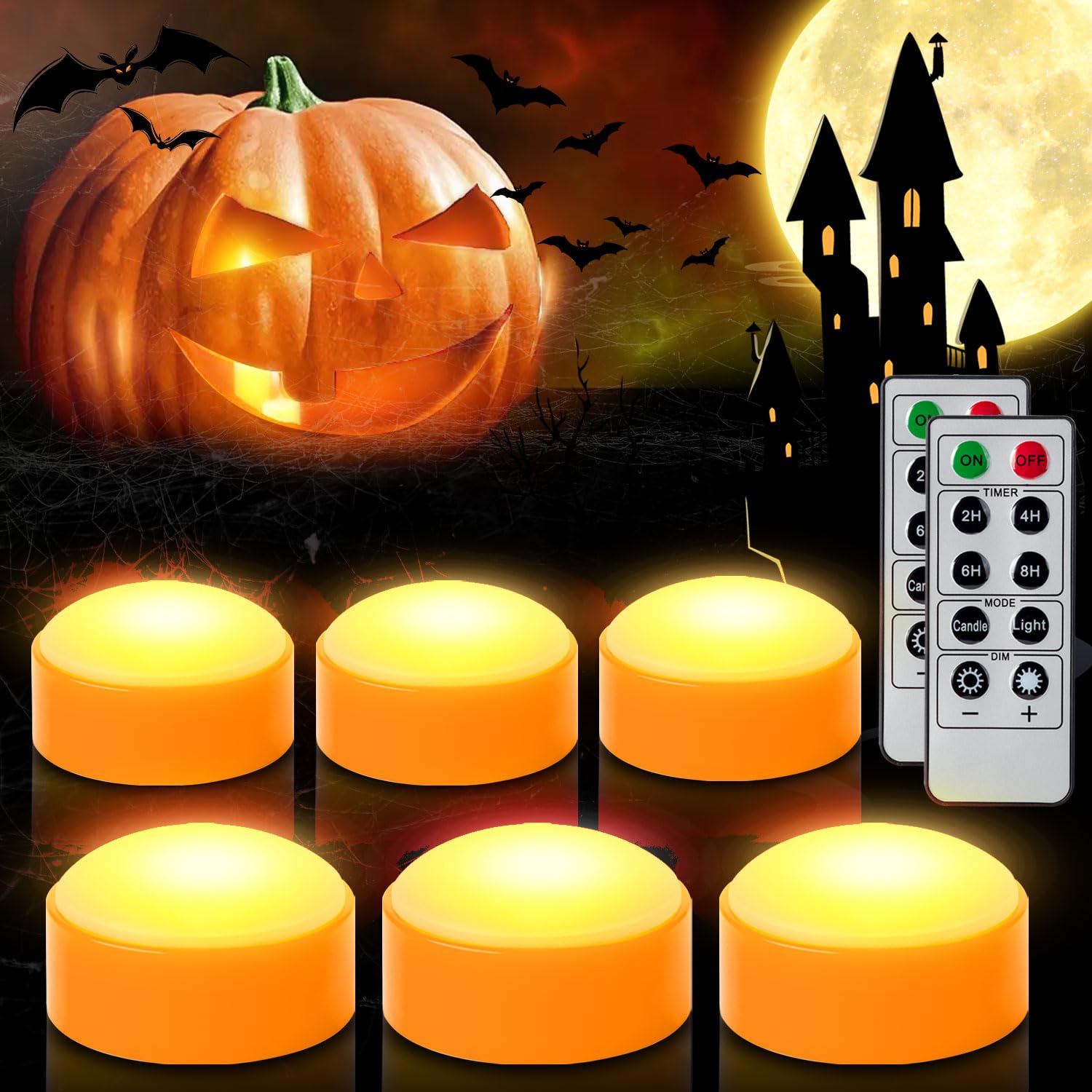 6 PCS Halloween Pumpkin LED Lights with Remote Timer Bright Flickering Battery Operated Jack-O-Lantern Electric Flameless Candles for Halloween Decorations Gift Supplies Orange Color